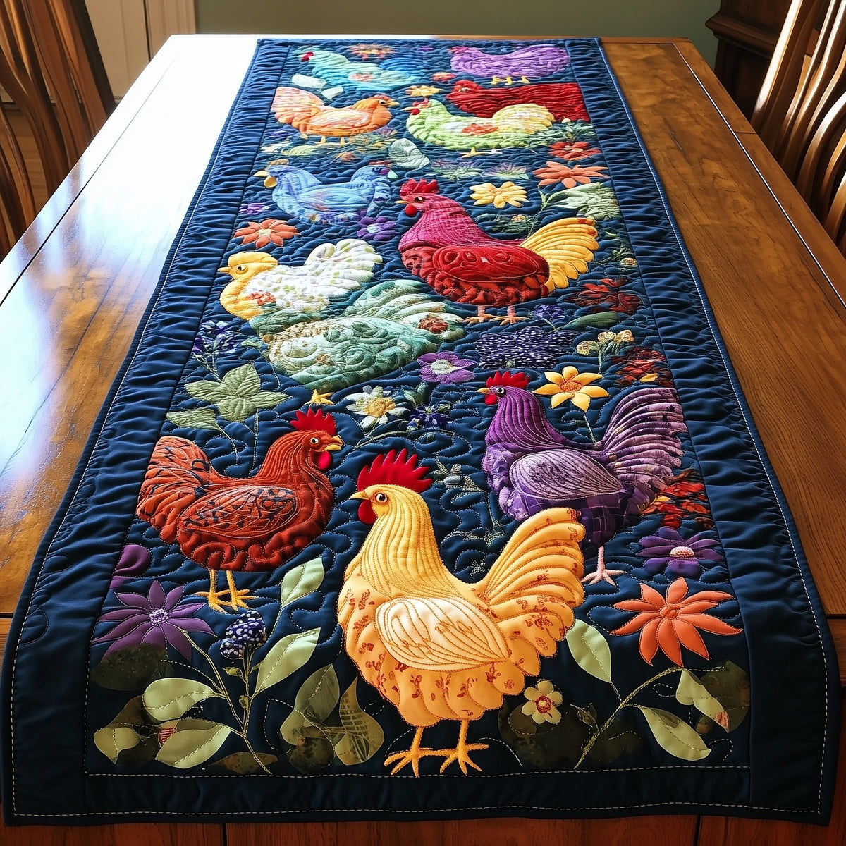 Colorful Chickens on Deep Blue Table Runner