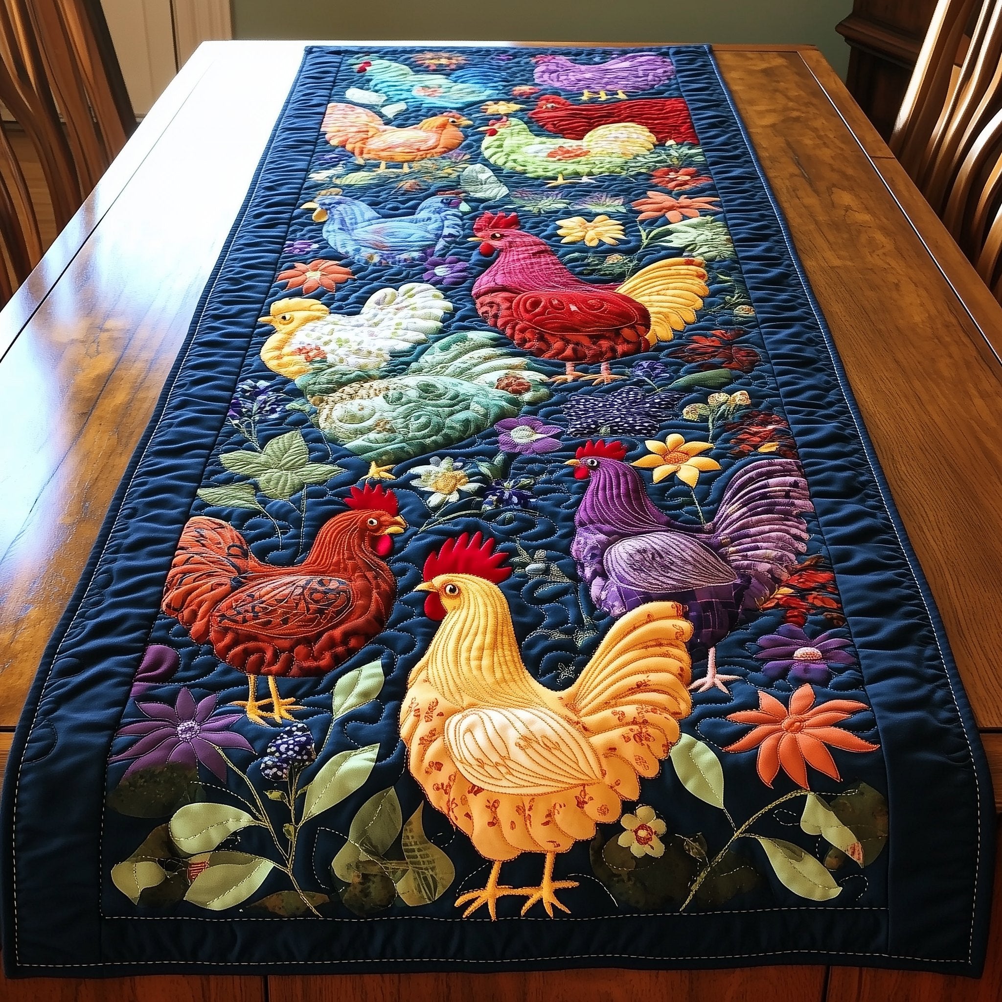 Colorful Chickens on Deep Blue Table Runner