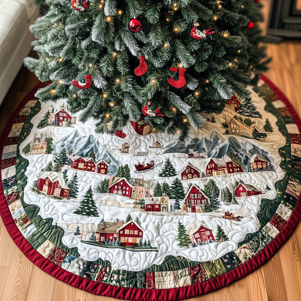Red Village Rooftops with Pine Trees Christmas Tree Skirt