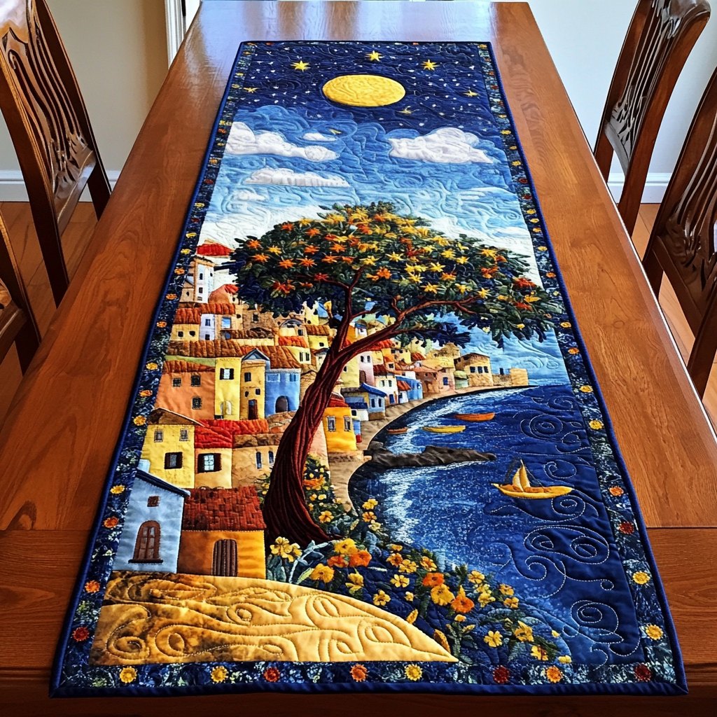Seaside Village with Blossoming Tree Table Runner