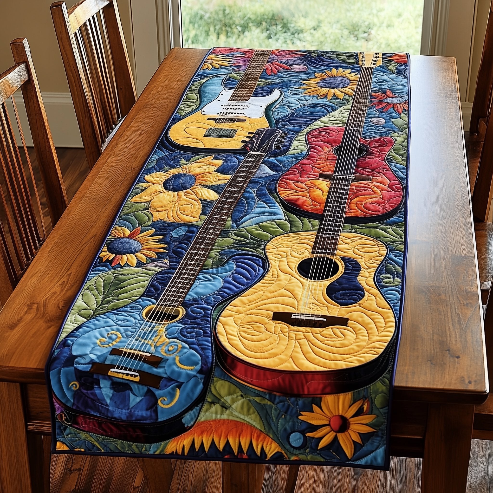 Guitars on Swirling Blue Sky Table Runner