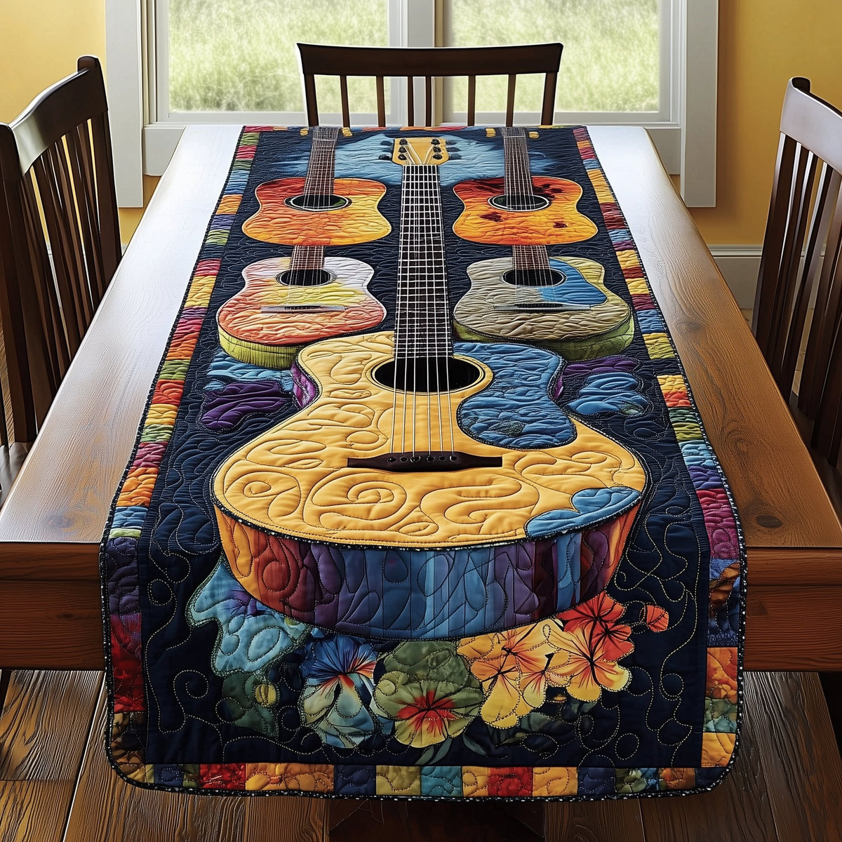 Amber Guitar with Fall Flowers Table Runner