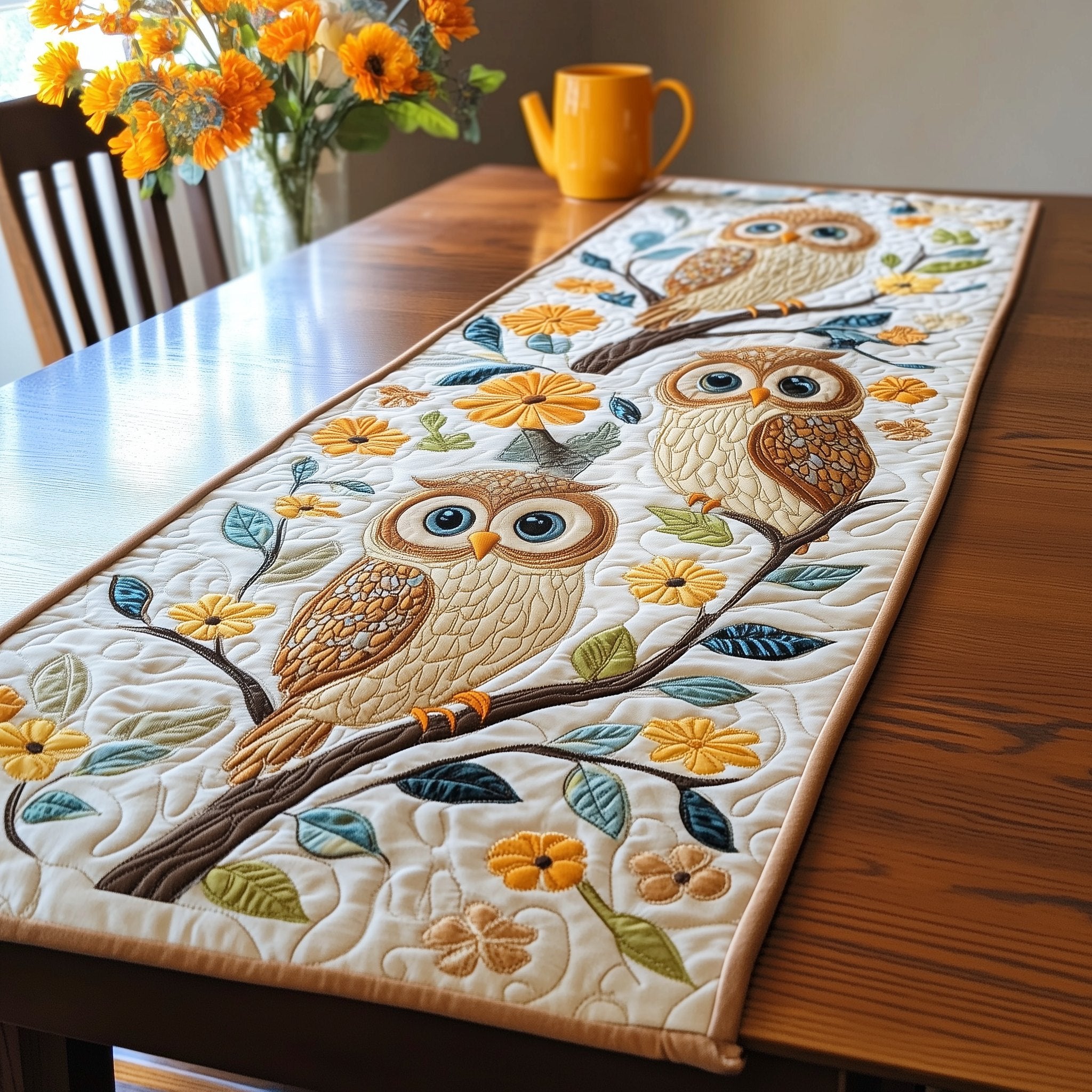 Owls on Branch with Blue Flowers Table Runner