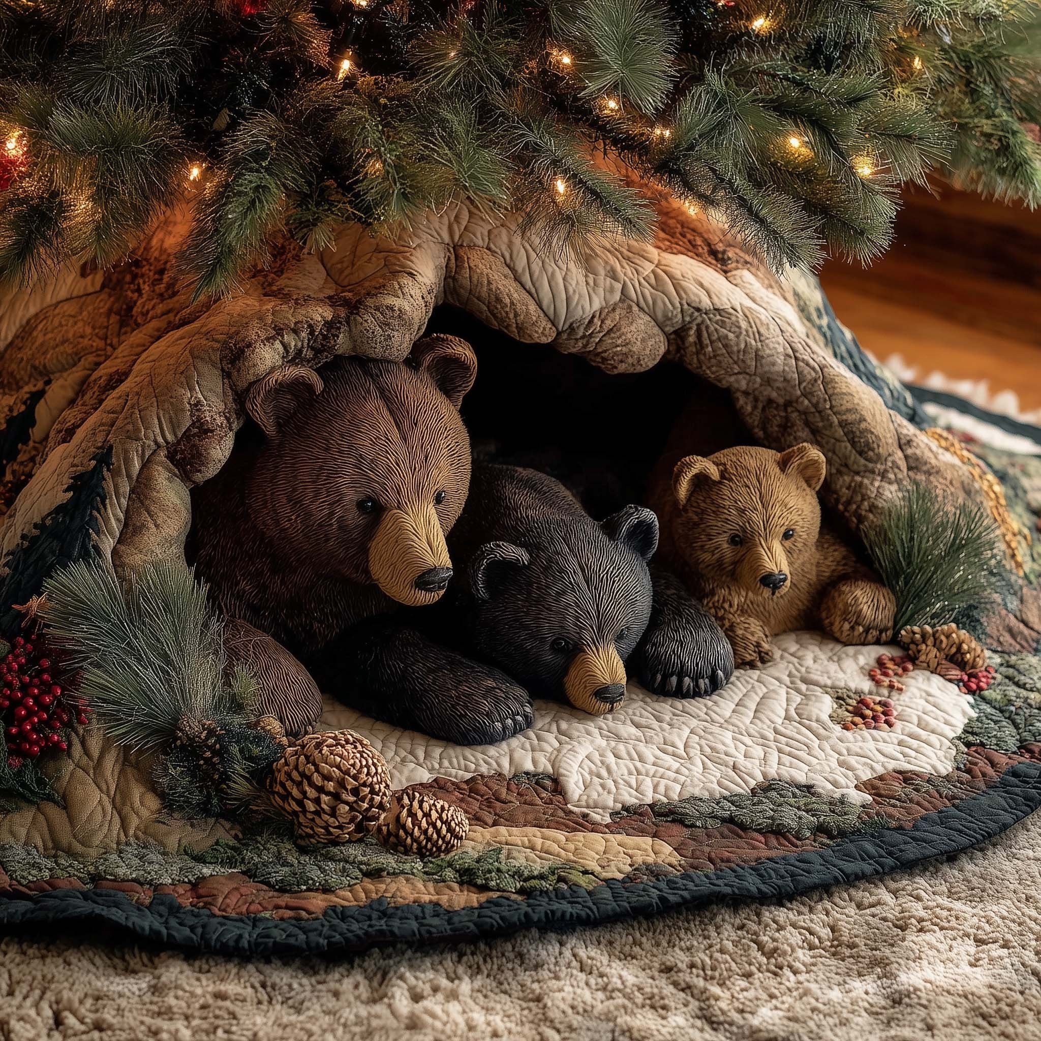Bear Family Resting on Snowy Quilt Christmas Tree Skirt