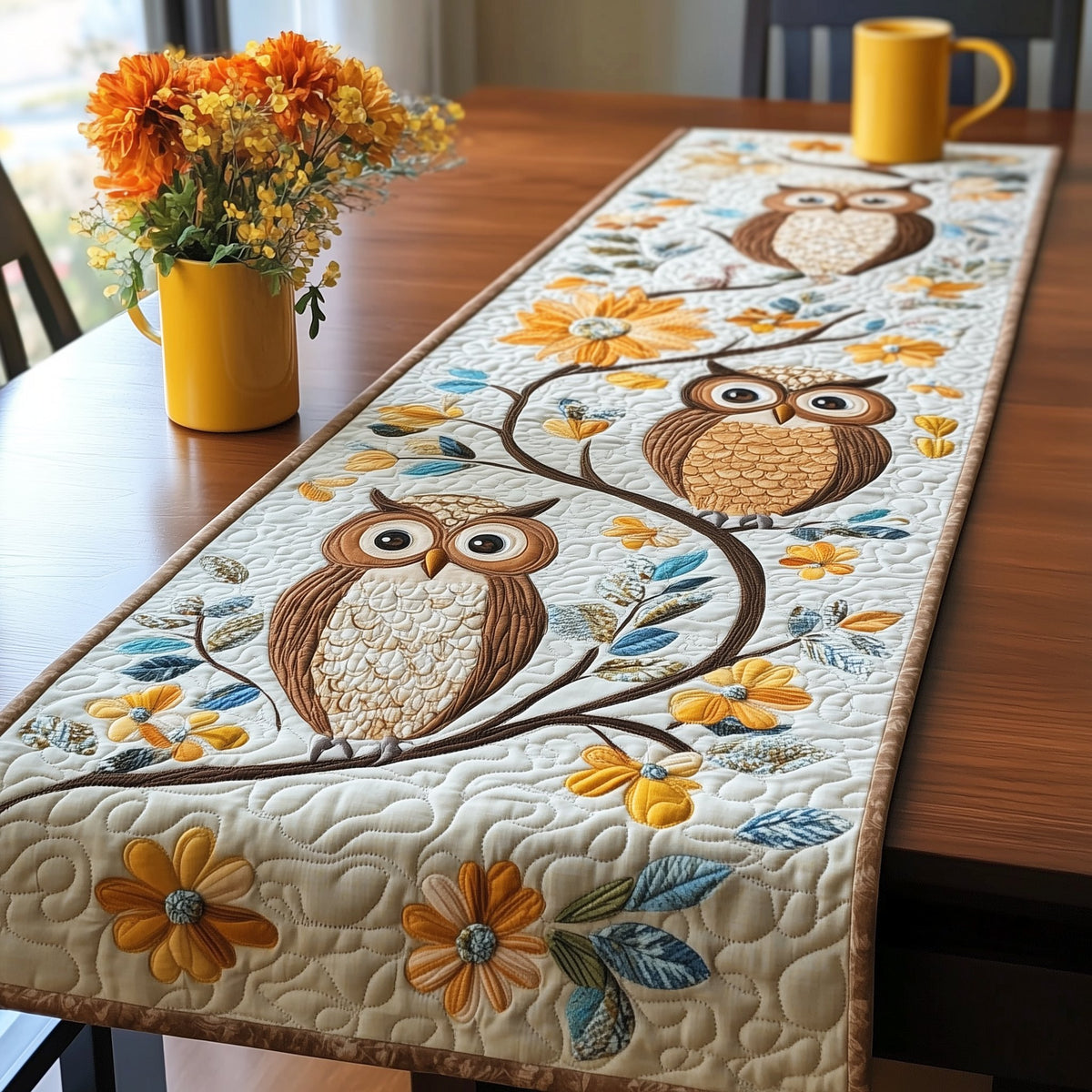 Owl Perched Among Yellow Daisies Table Runner