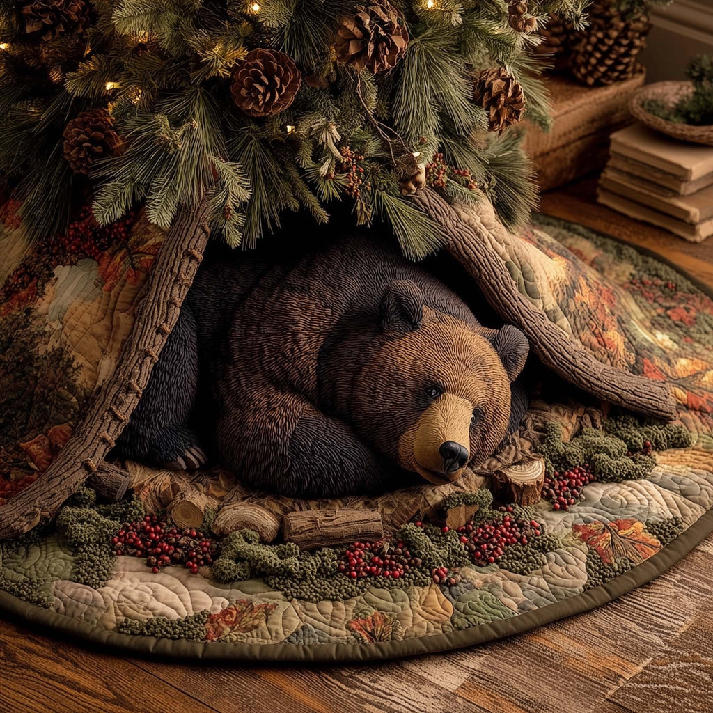 Bear Sleeping Among Red Berries Christmas Tree Skirt