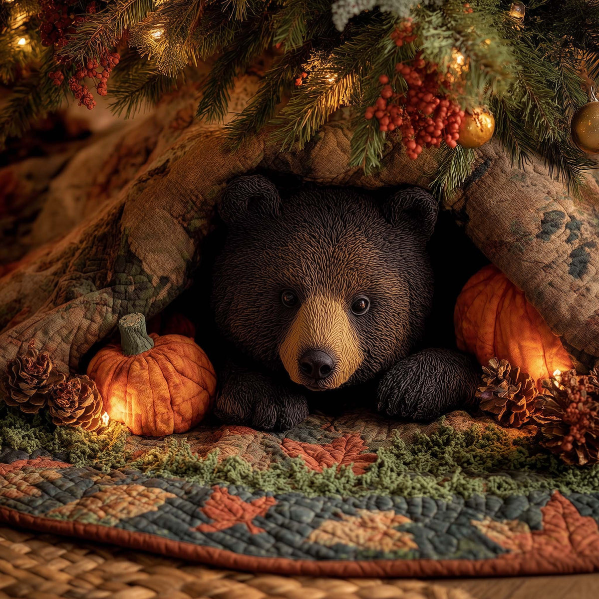 Bear with Pumpkin and Autumn Leaves Christmas Tree Skirt