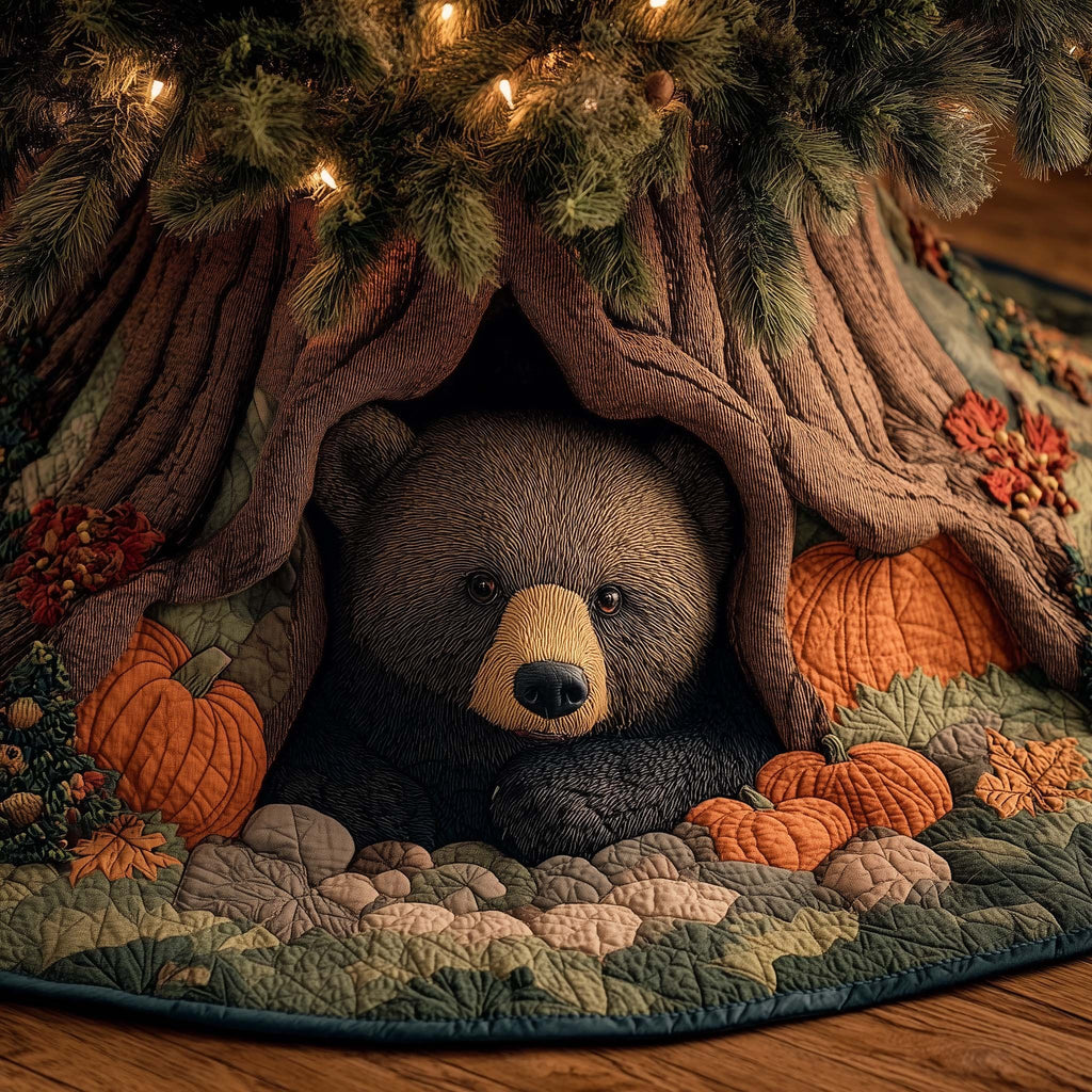 Bear Among Orange Pumpkins Christmas Tree Skirt