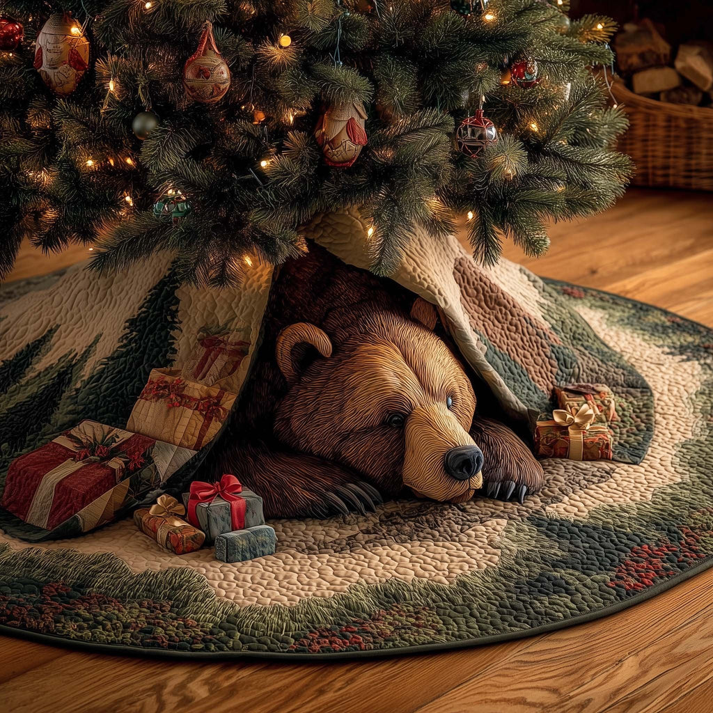 Bear with Wrapped Gifts in Snow Christmas Tree Skirt