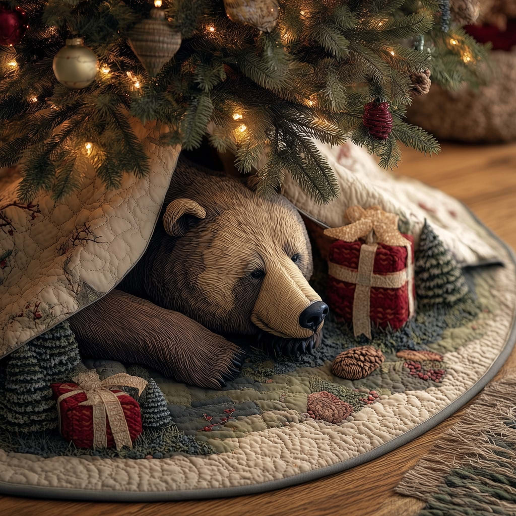 Sleeping Bear and Red Gift Box Christmas Tree Skirt