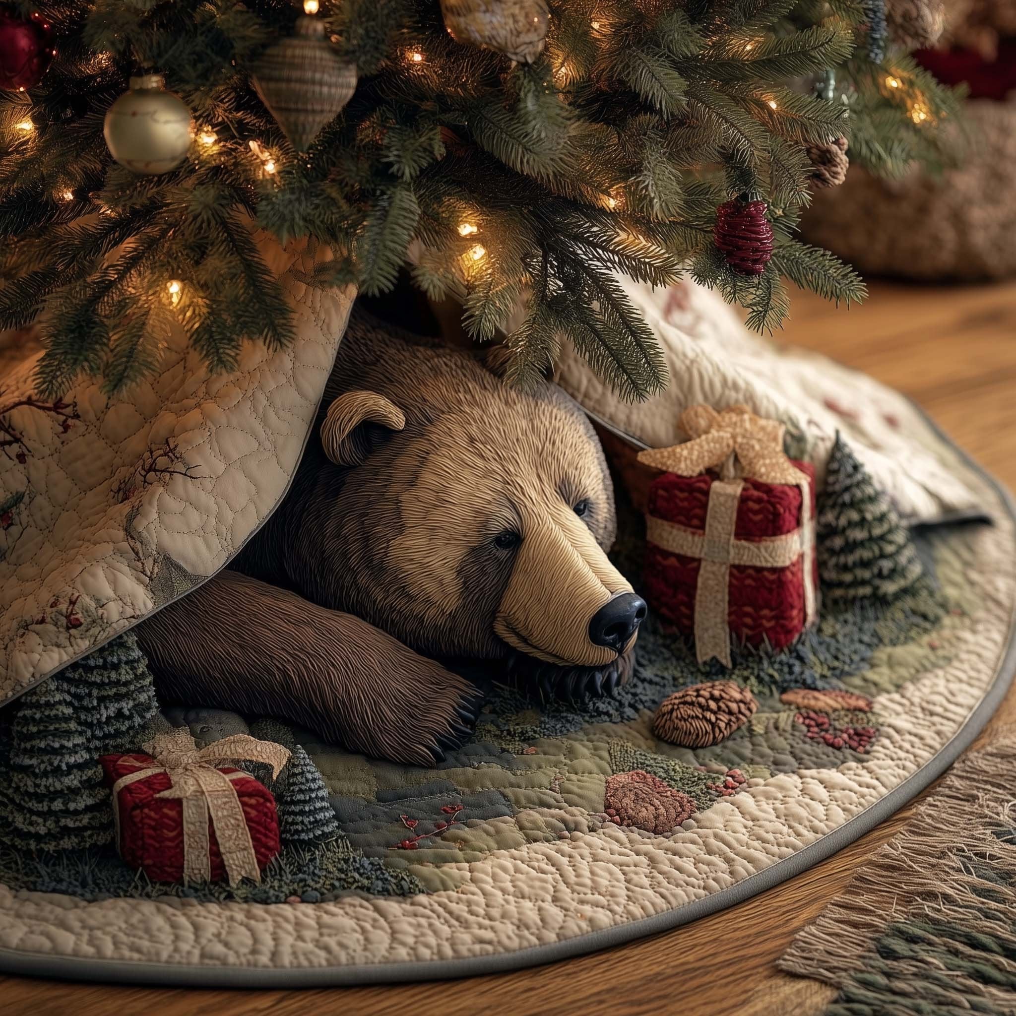 Sleeping Bear and Red Gift Box Christmas Tree Skirt