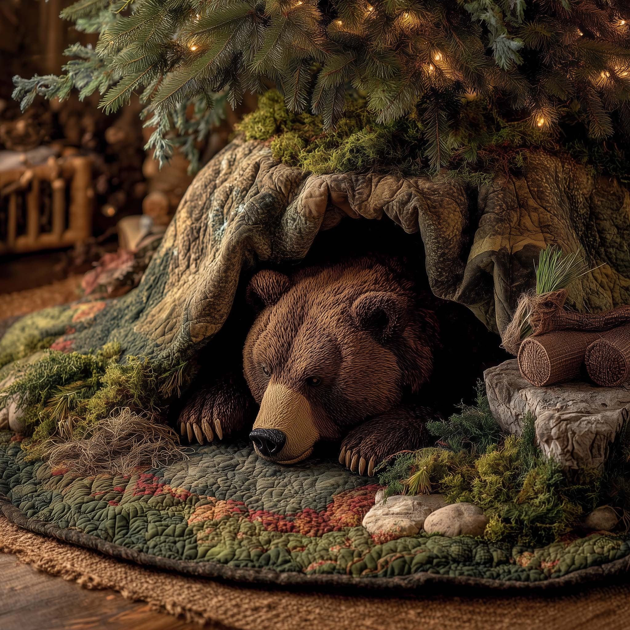 Bear Resting in a Mossy Den Christmas Tree Skirt
