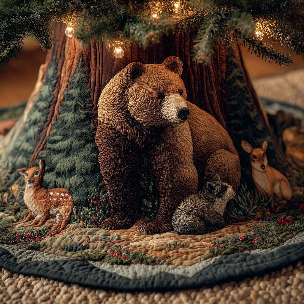 Standing Brown Bear with Forest Deer Christmas Tree Skirt