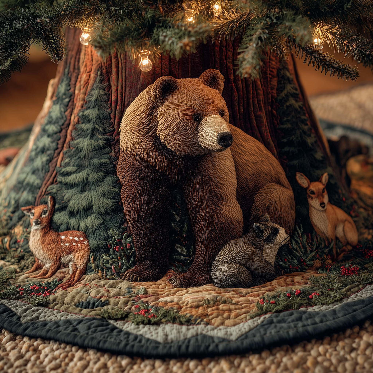 Standing Brown Bear with Forest Deer Christmas Tree Skirt