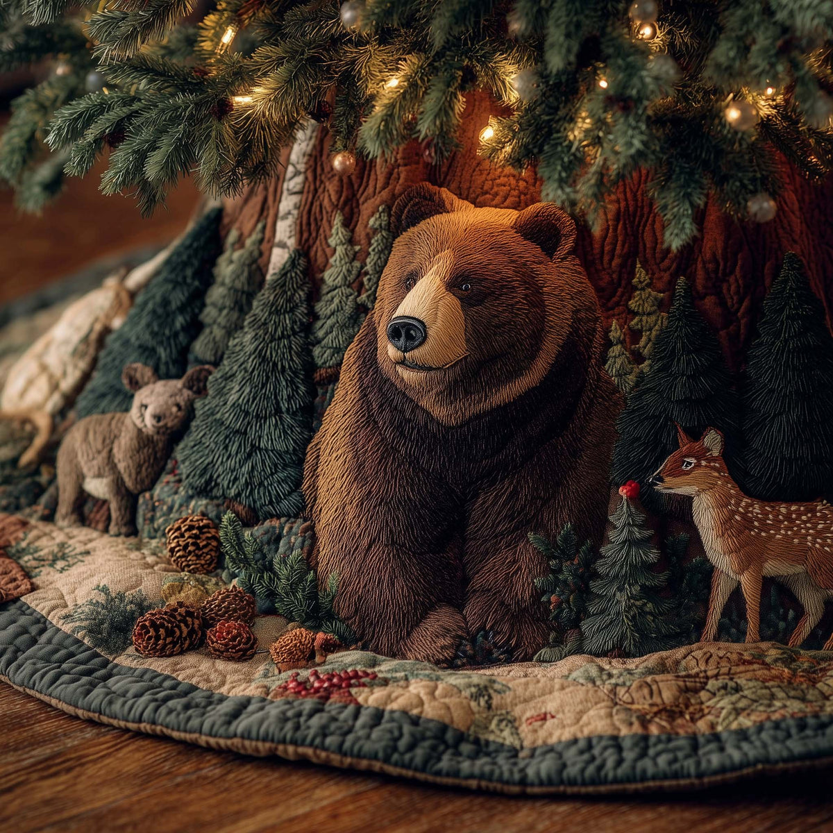 Brown Bear and Fawn with Pinecones Christmas Tree Skirt