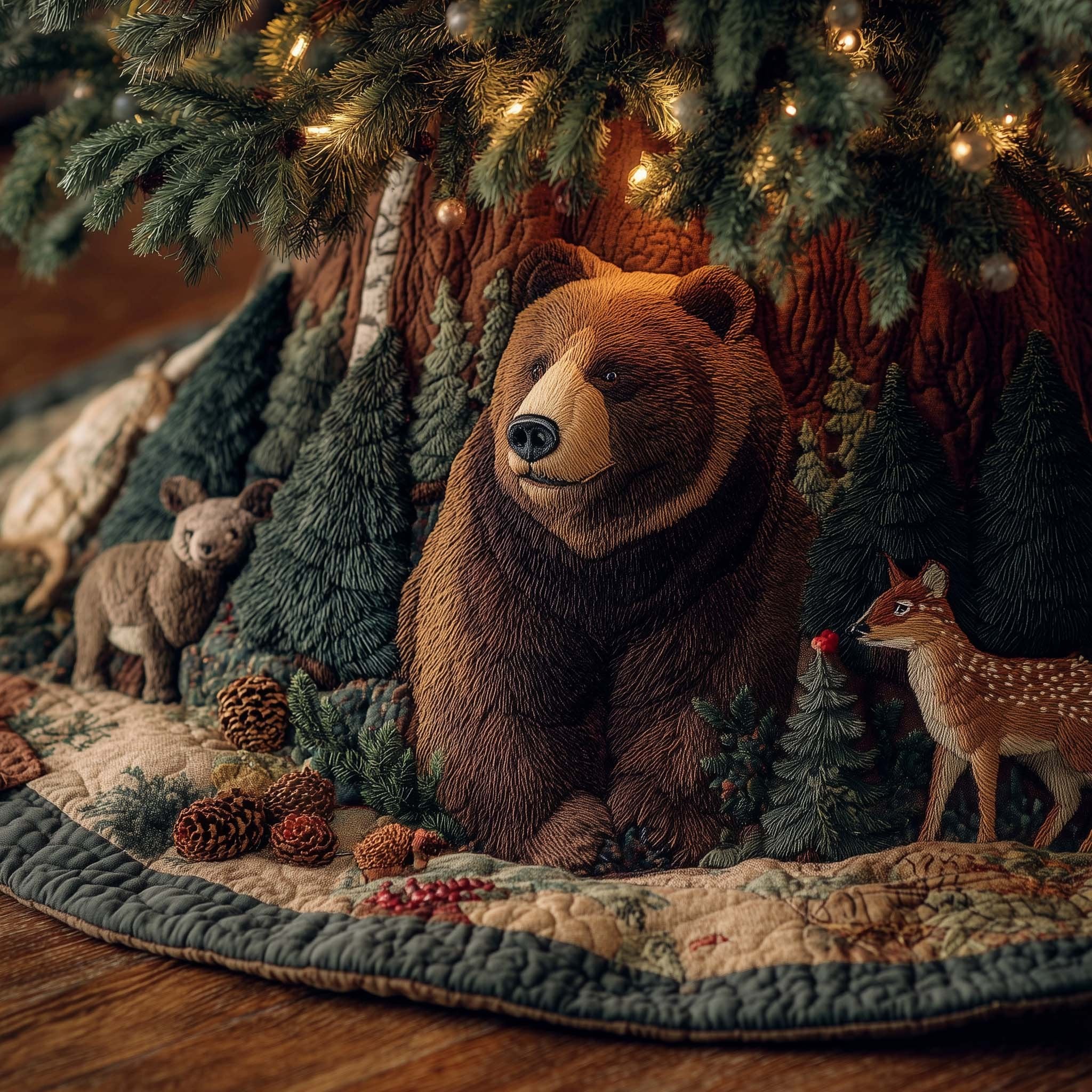 Brown Bear and Fawn with Pinecones Christmas Tree Skirt