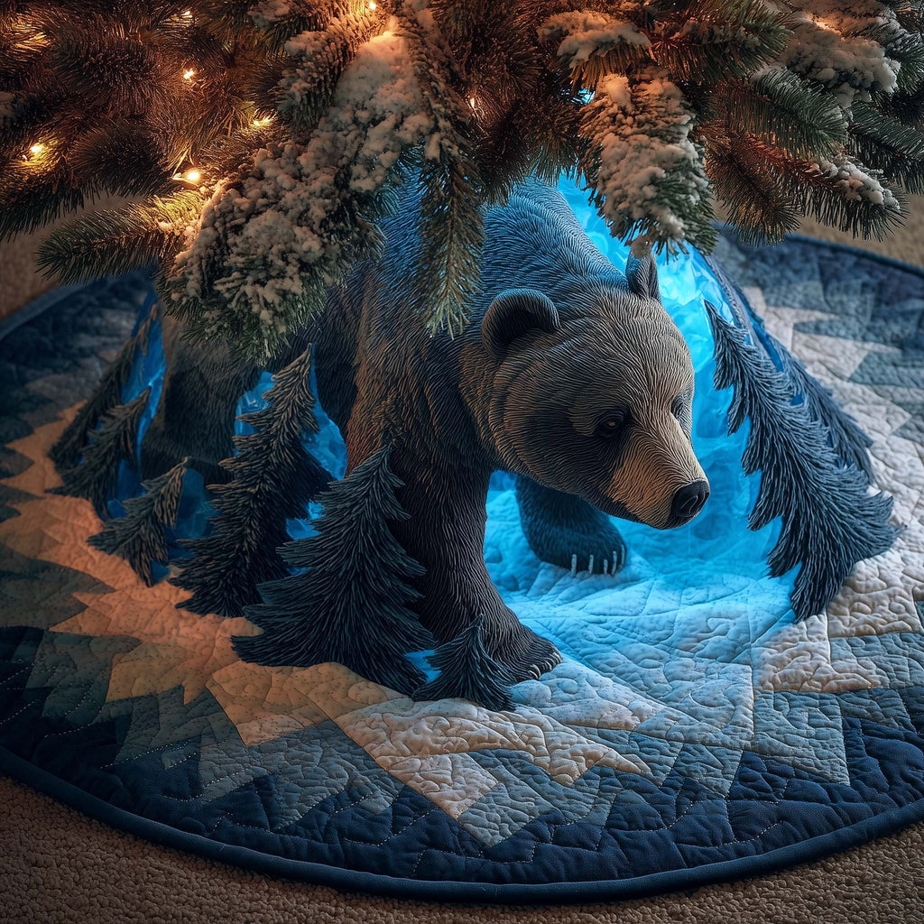 Bear in the Moonlit Blue Forest Christmas Tree Skirt