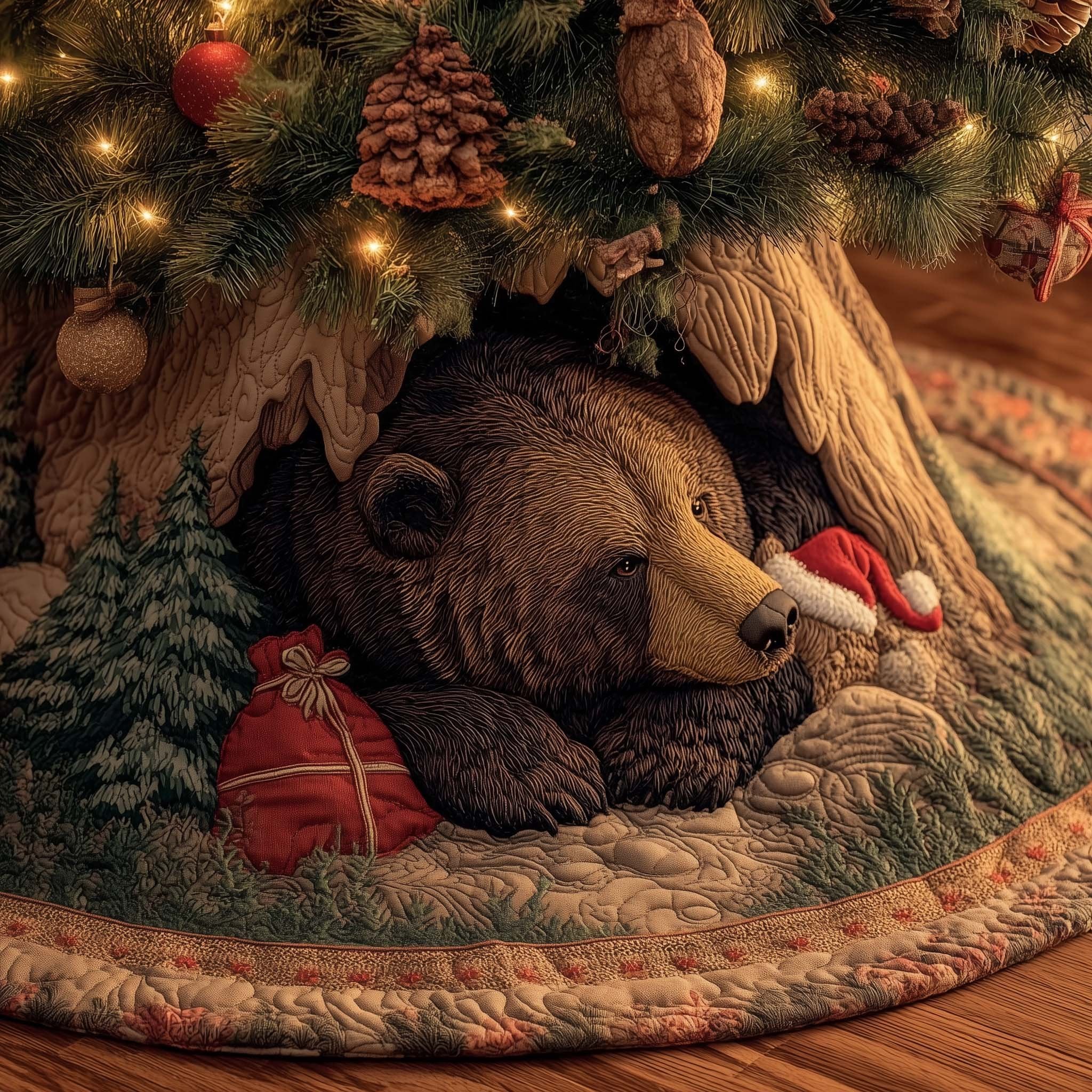 Bear Napping Beside a Red Gift Christmas Tree Skirt