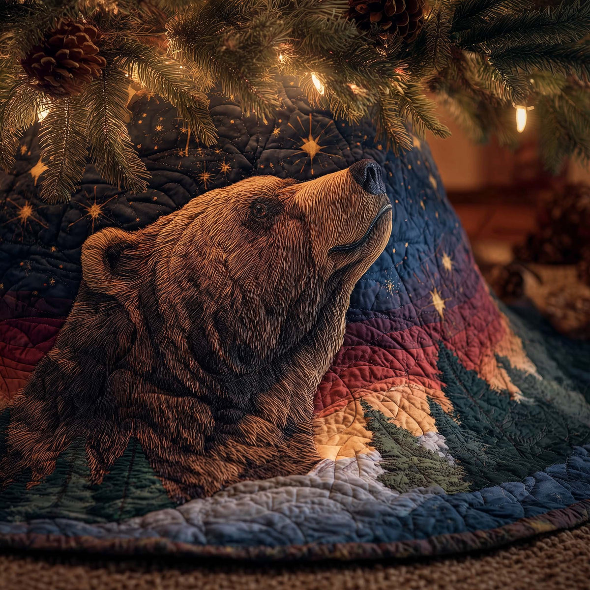 Bear Gazing at the Starry Night Christmas Tree Skirt