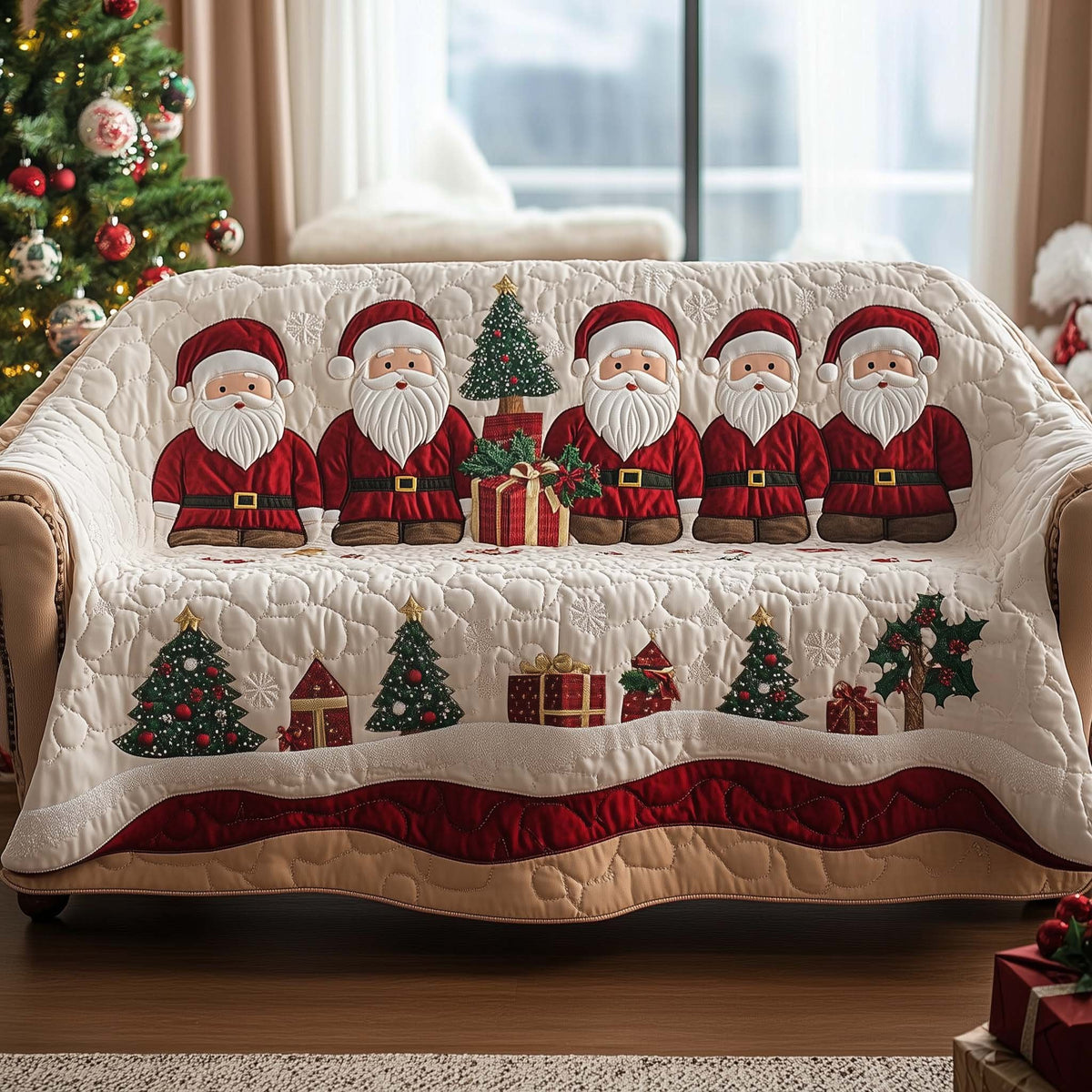 Santas with Gift Boxes on Beige Sofa Cover