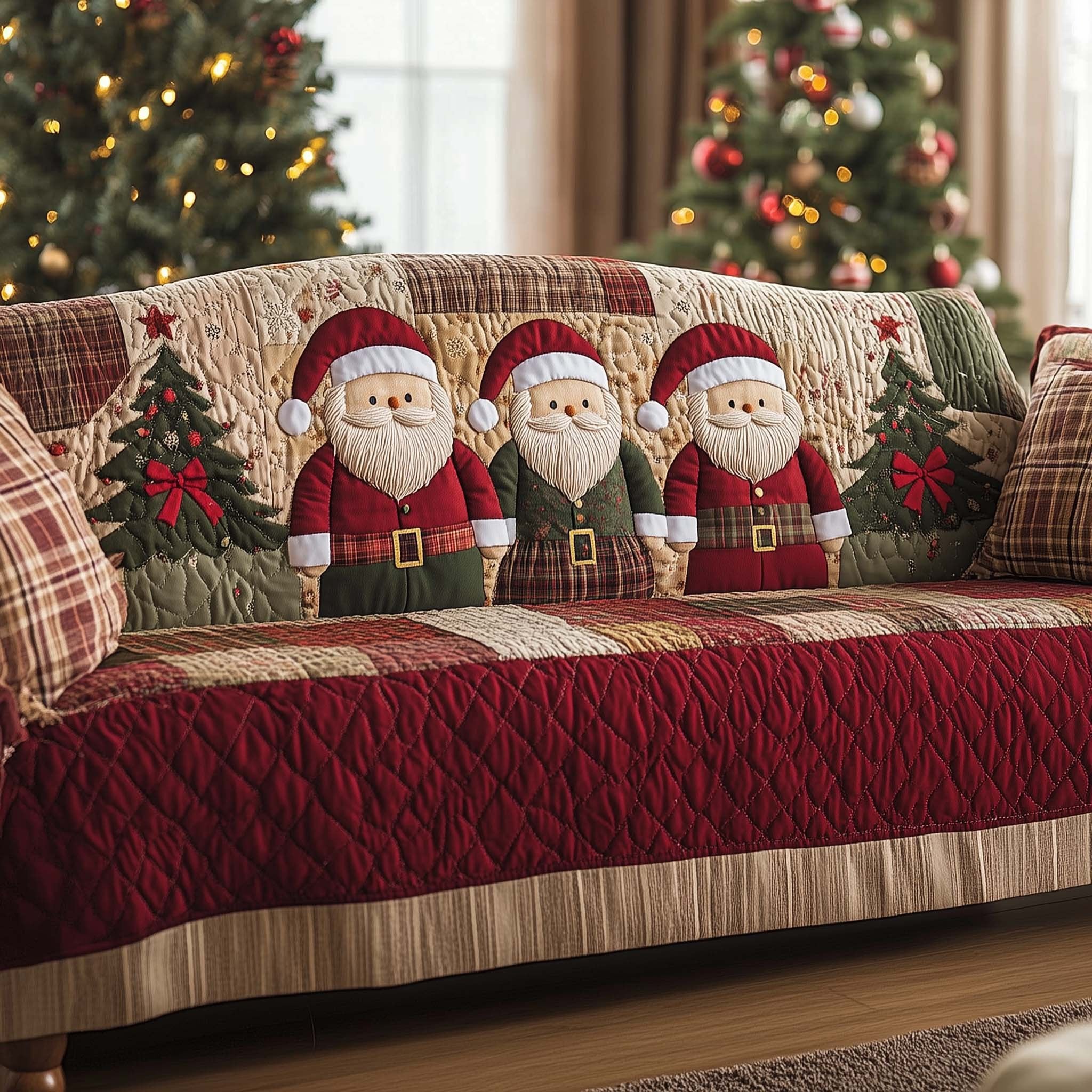 Santas on Green and Red Plaid Sofa Cover