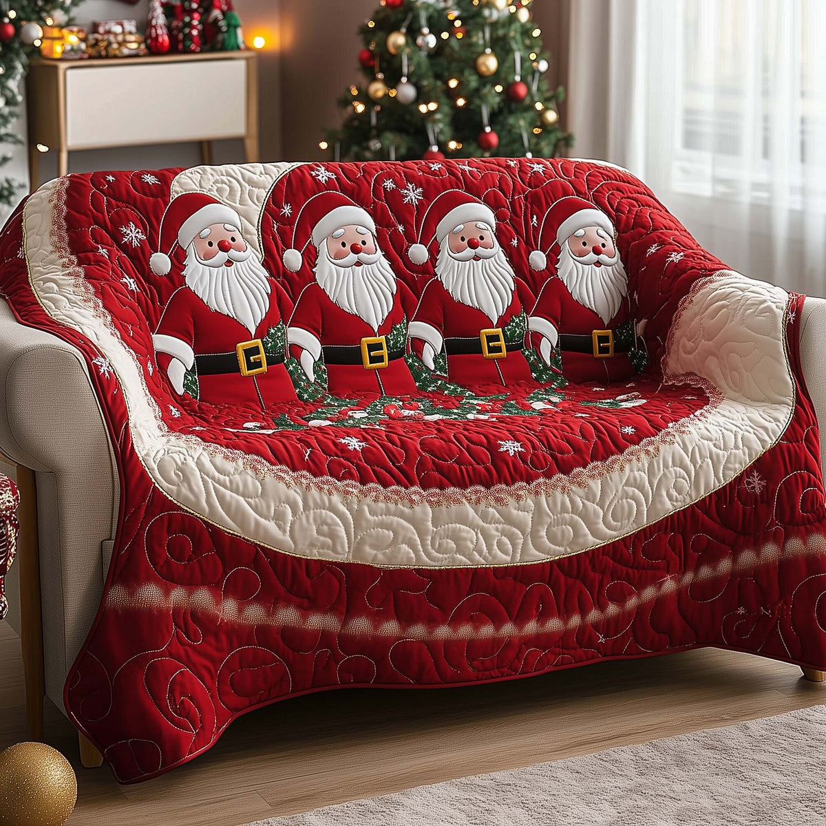 Santas on Cherry Red Swirls Sofa Cover