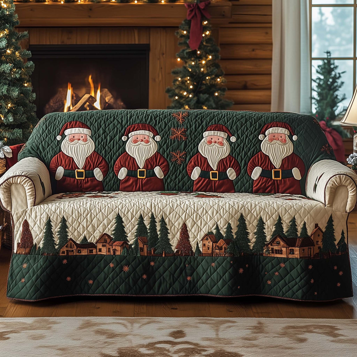 Santas Above the Pine Village Sofa Cover