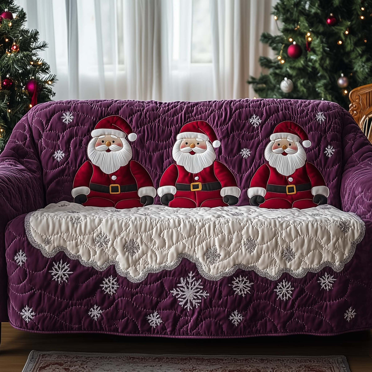 Santas on Plum Snowfall Sofa Cover