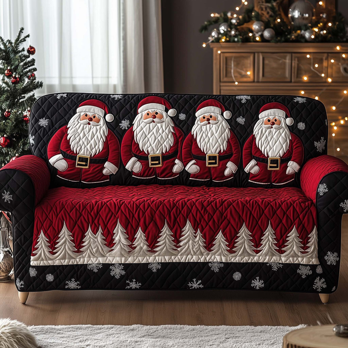 Santas on Burgundy with White Pines Sofa Cover