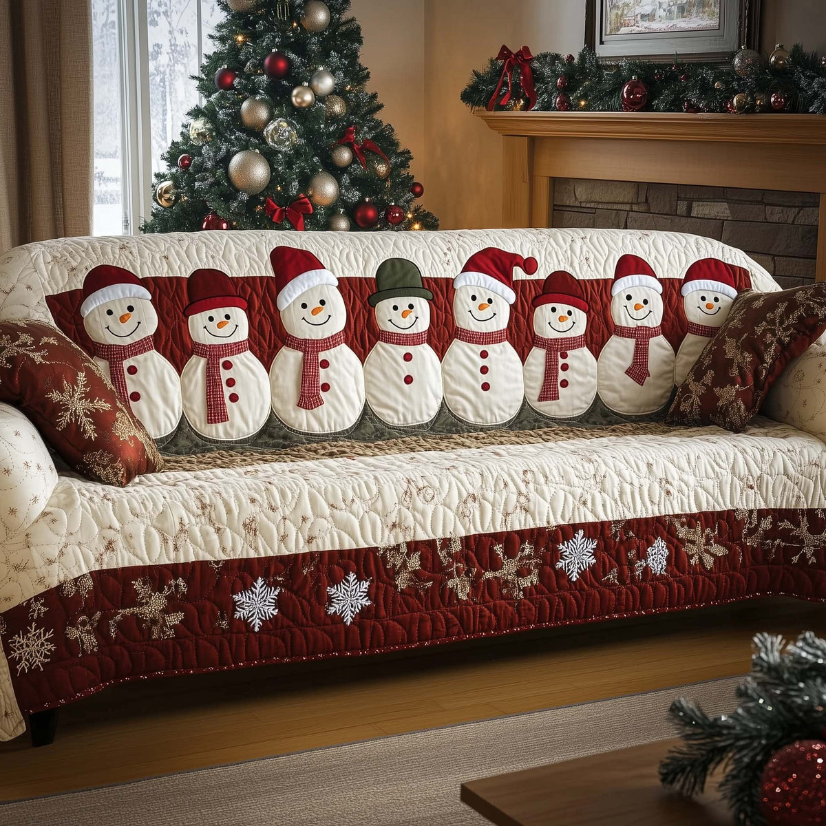 Snowmen in Colorful Hats on Cream Sofa Cover