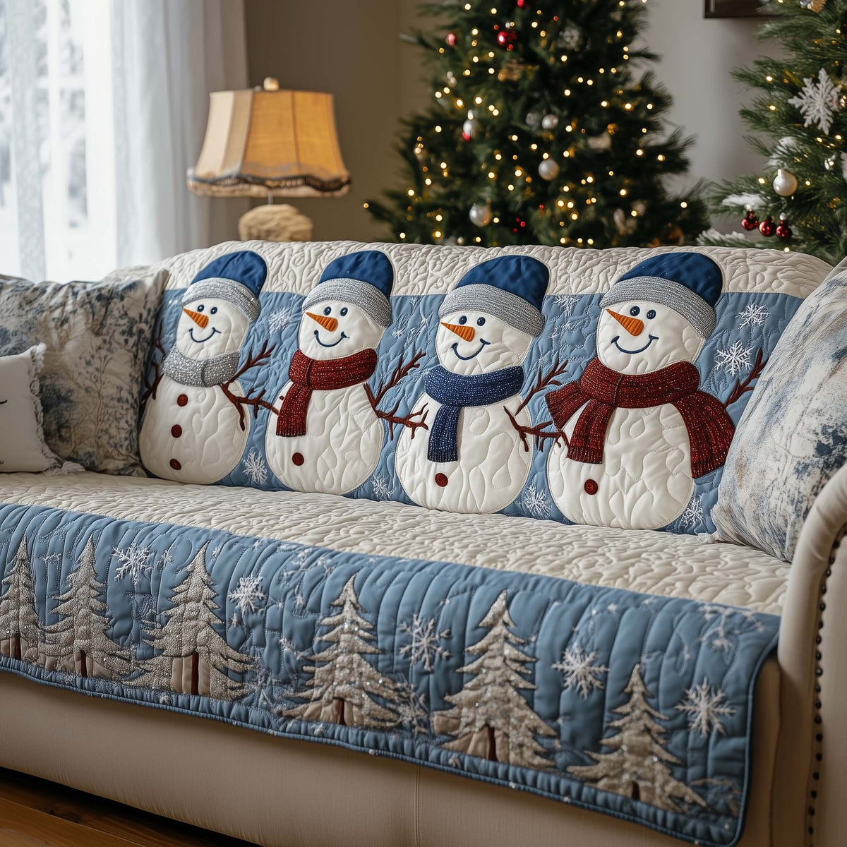 Blue Hat Snowmen and Frosted Pines Sofa Cover