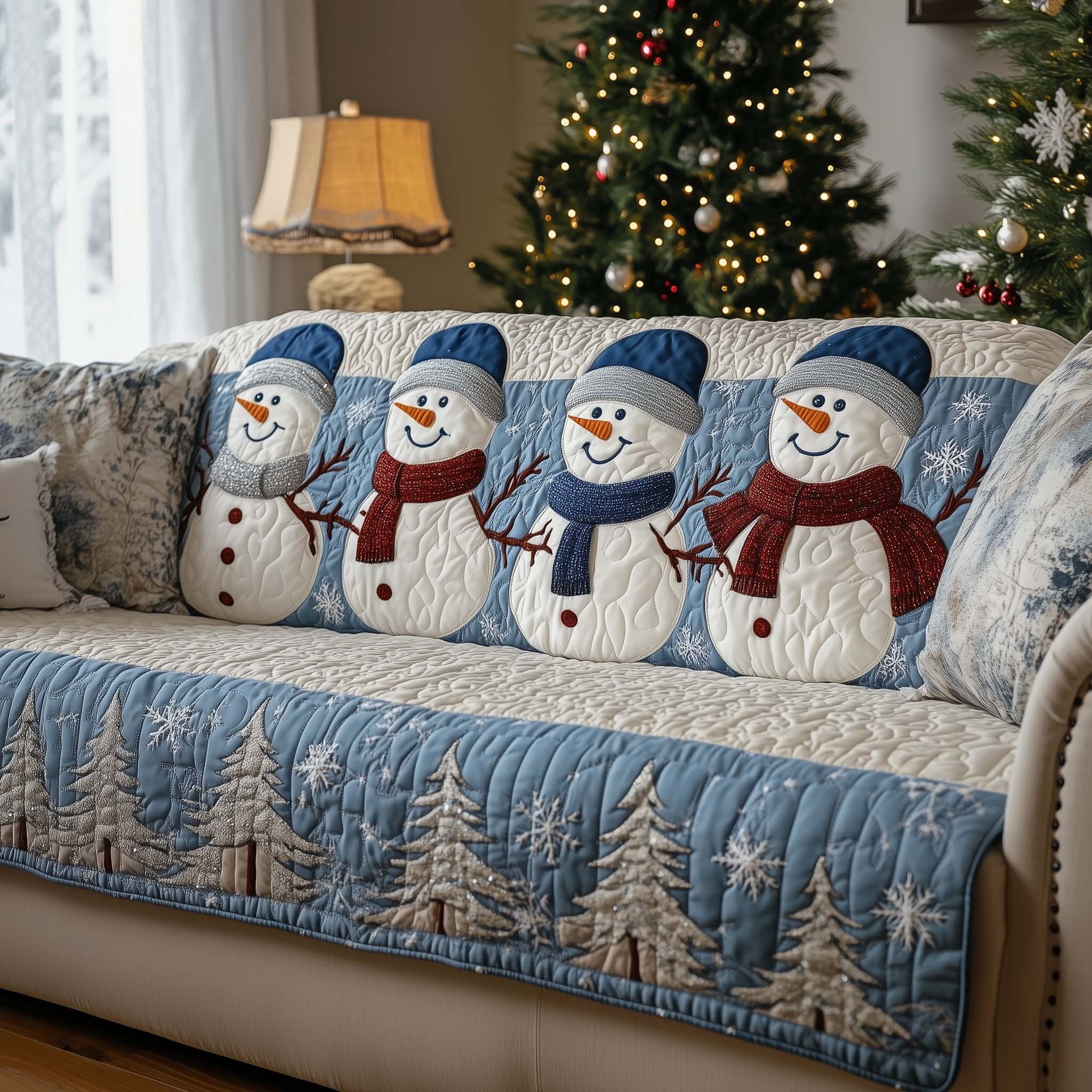 Blue Hat Snowmen and Frosted Pines Sofa Cover
