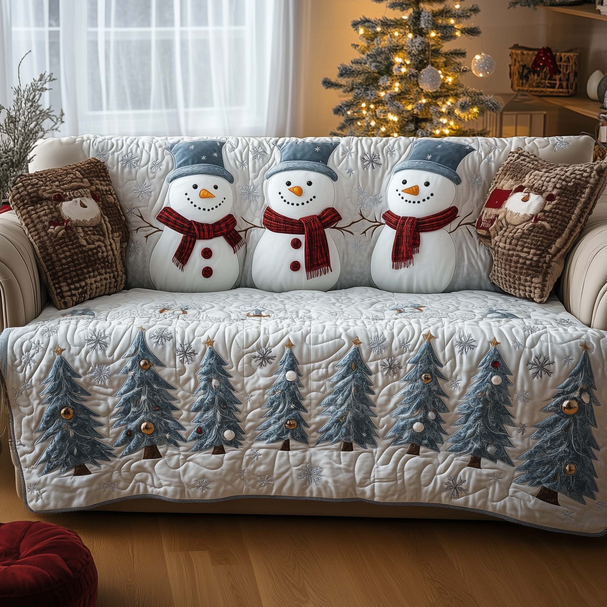 Snowmen on White with Blue Pines Sofa Cover