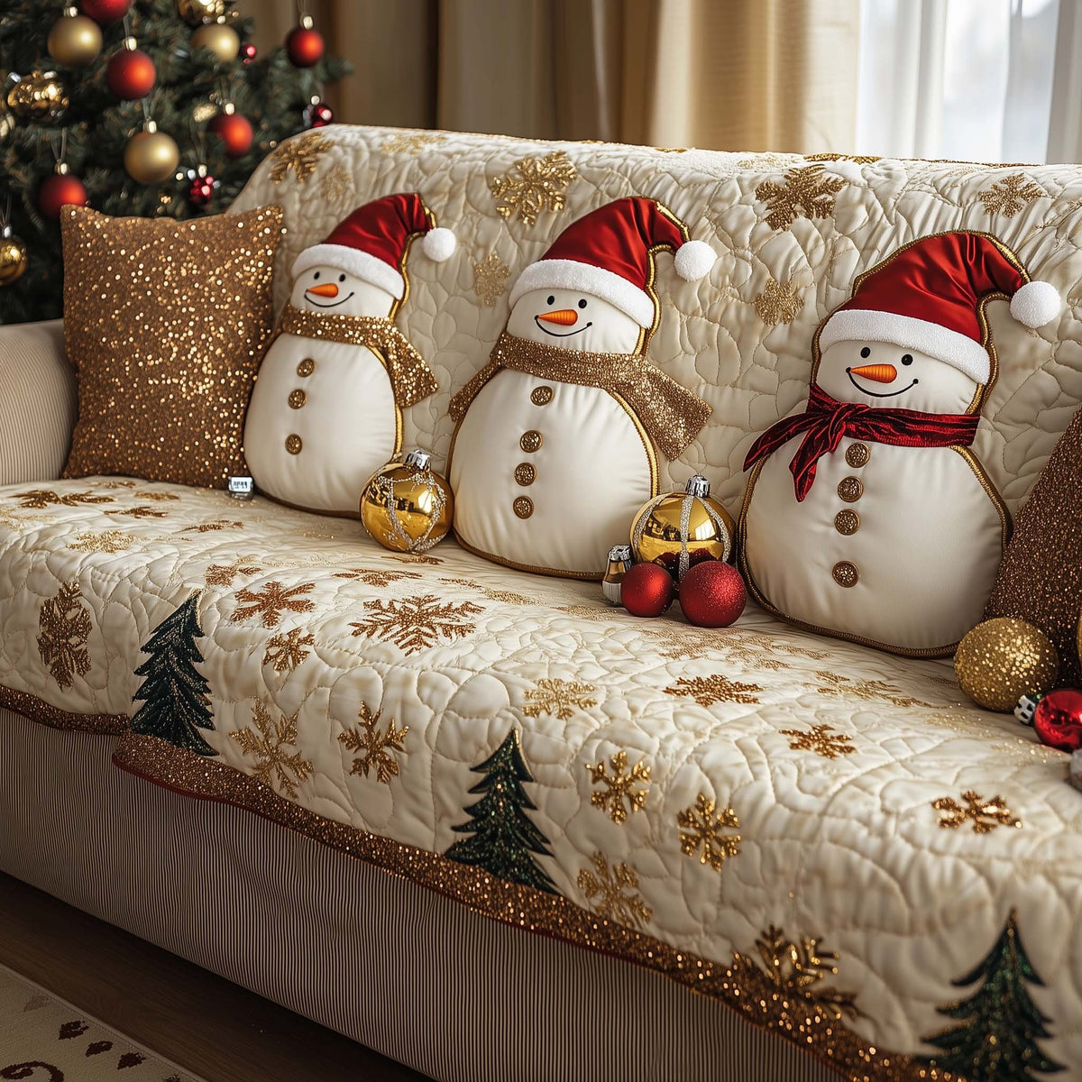 Snowmen with Golden Ornaments Sofa Cover