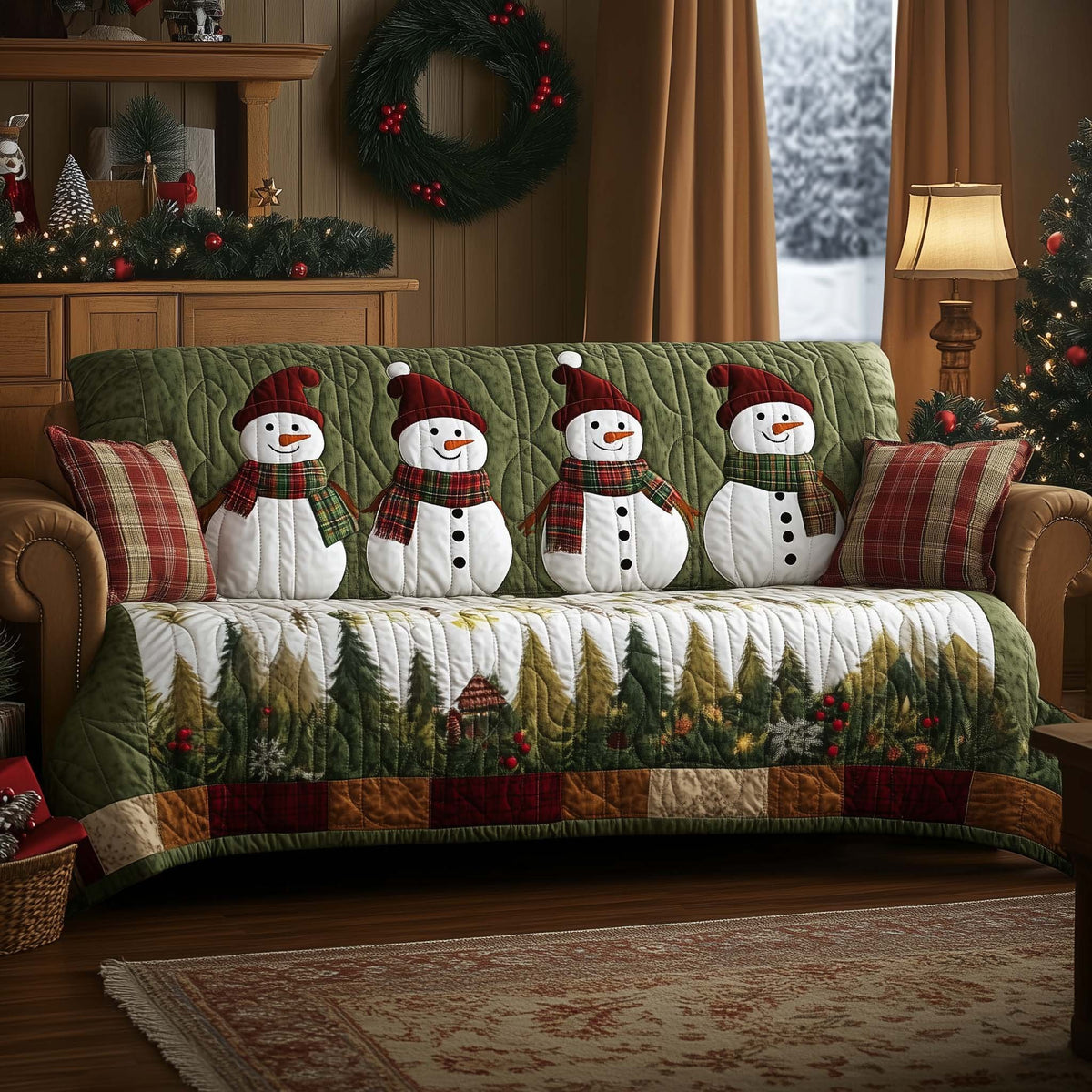 Snowmen on Plaid with Green Pines Sofa Cover