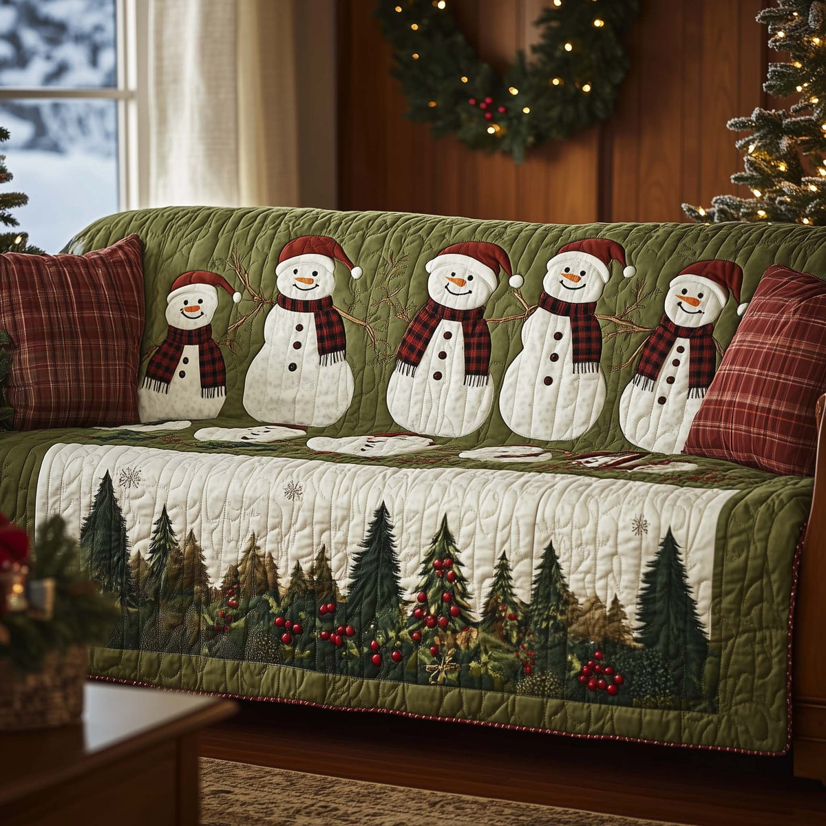 Snowmen on Olive with Pine Row Sofa Cover