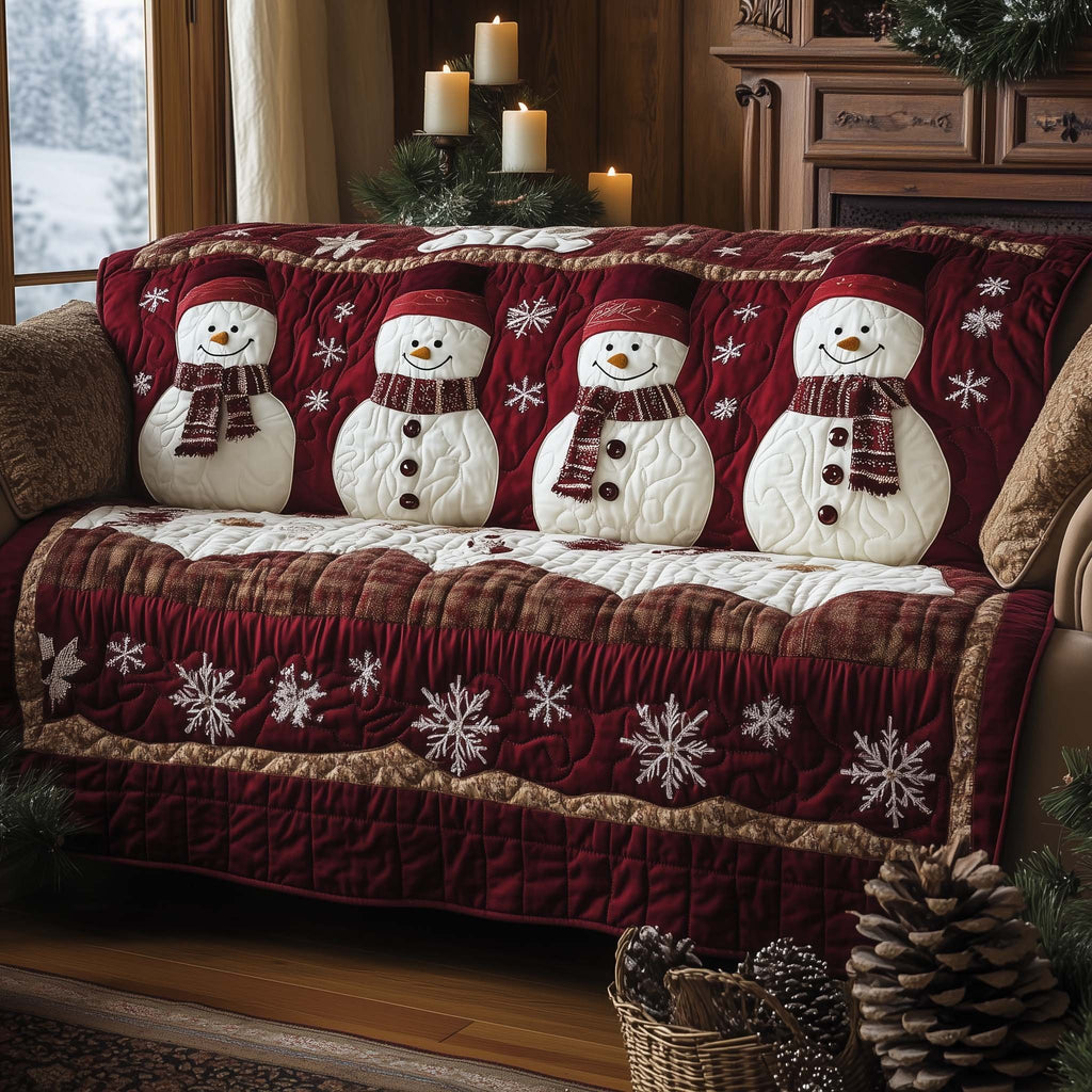 Snowmen on Burgundy Snowflakes Sofa Cover