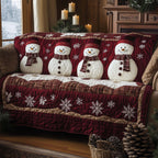 Snowmen on Burgundy Snowflakes Sofa Cover