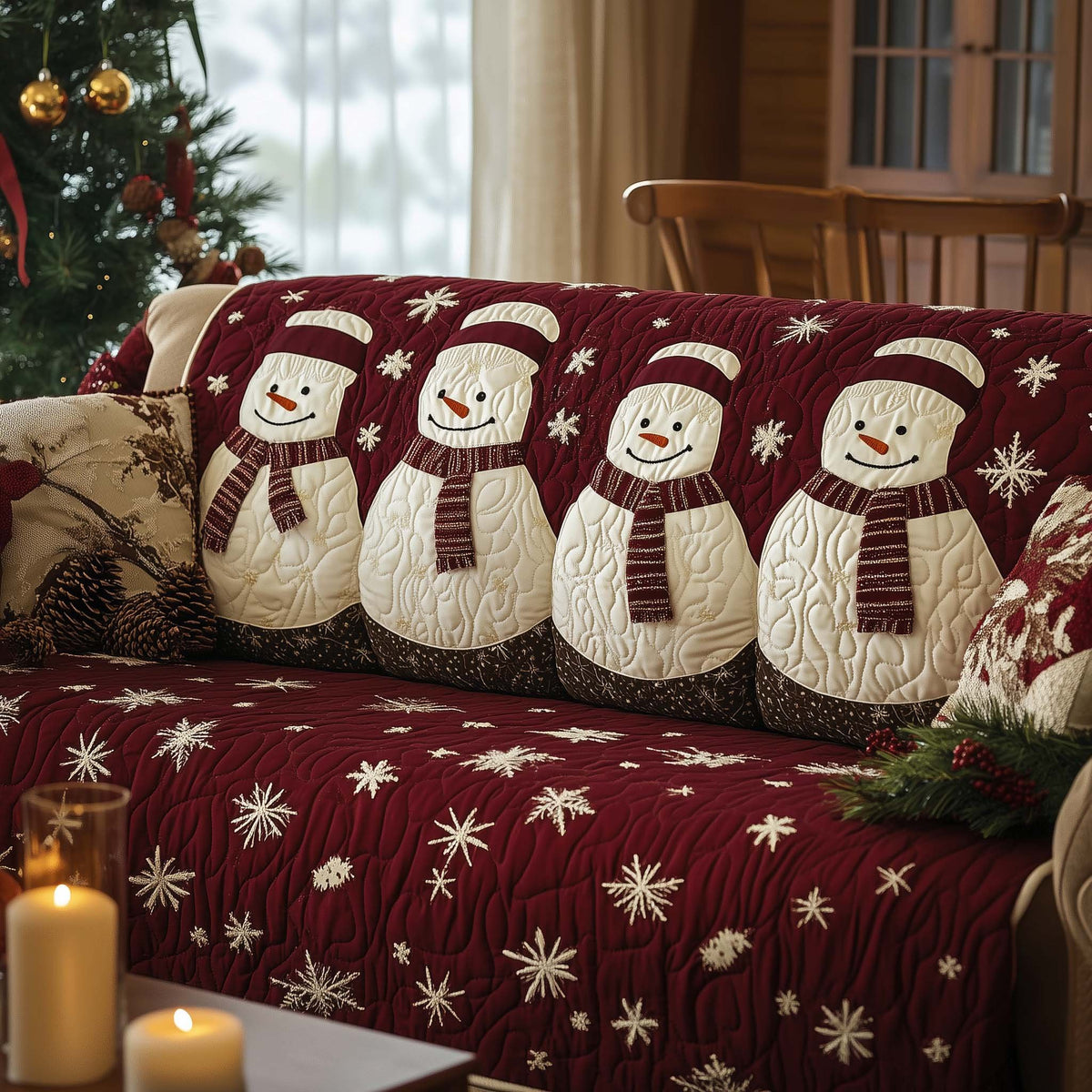 Snowmen on Wine Red Stars Sofa Cover