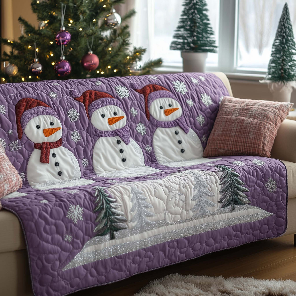 Snowmen on Lavender with Pines Sofa Cover