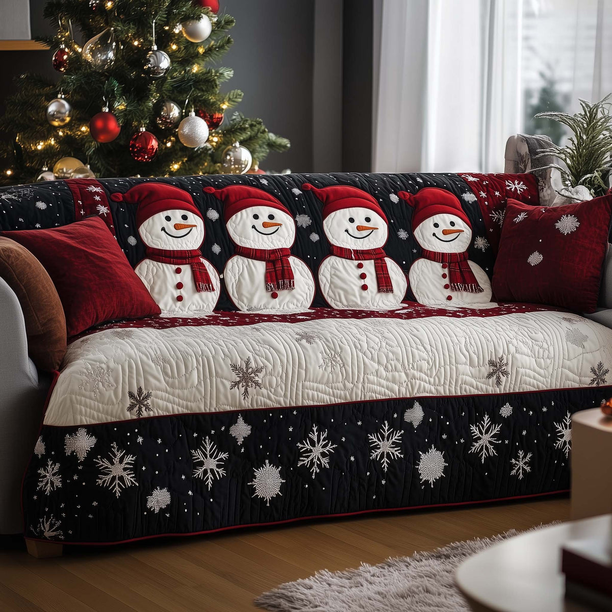 Snowmen Above Black Snowflake Band Sofa Cover