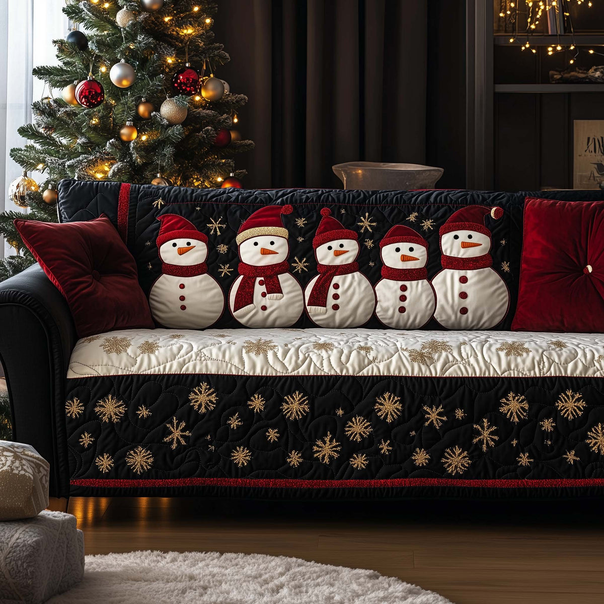 Snowman Family on Navy and Gold Sofa Cover