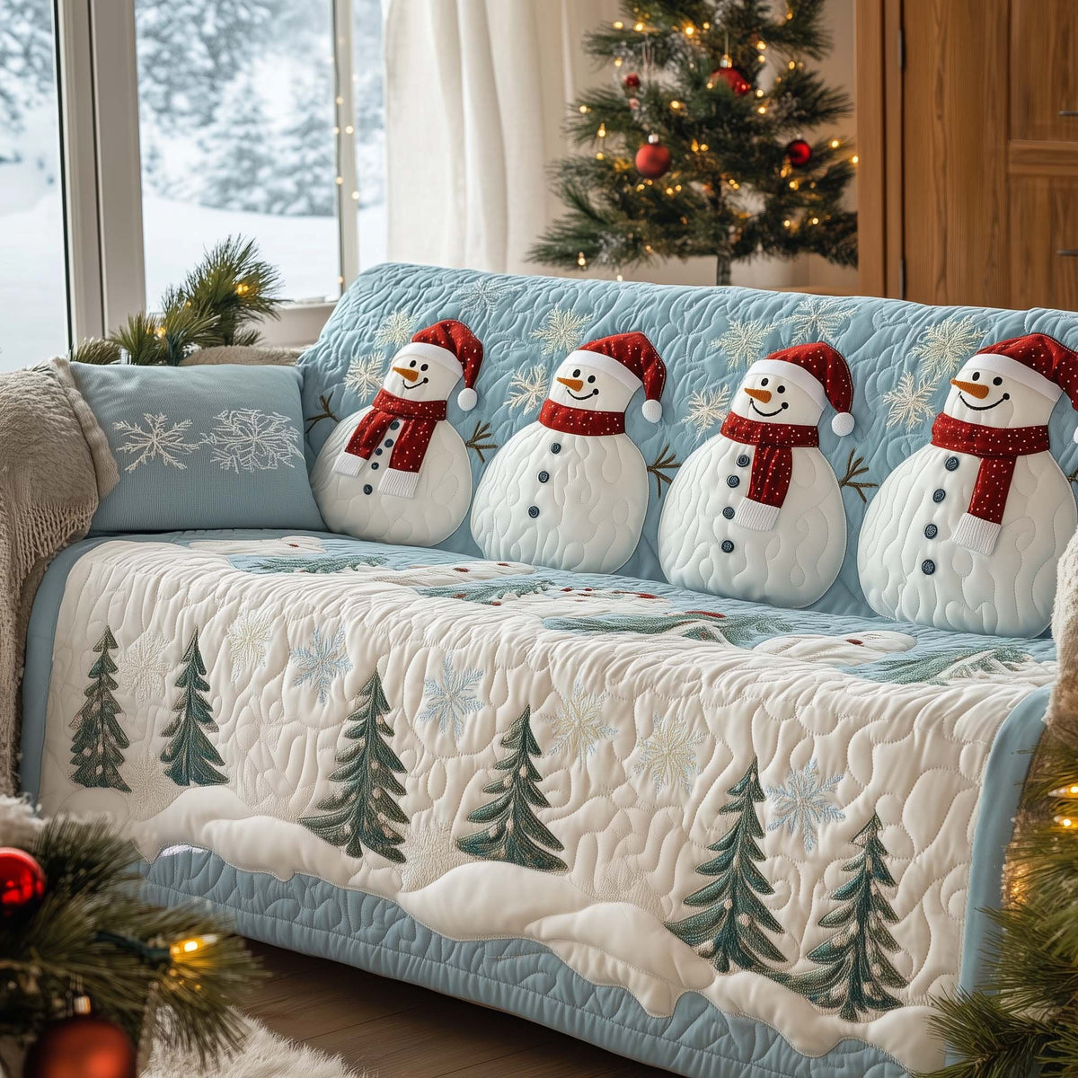 Snowmen on Powder Blue Pines Sofa Cover