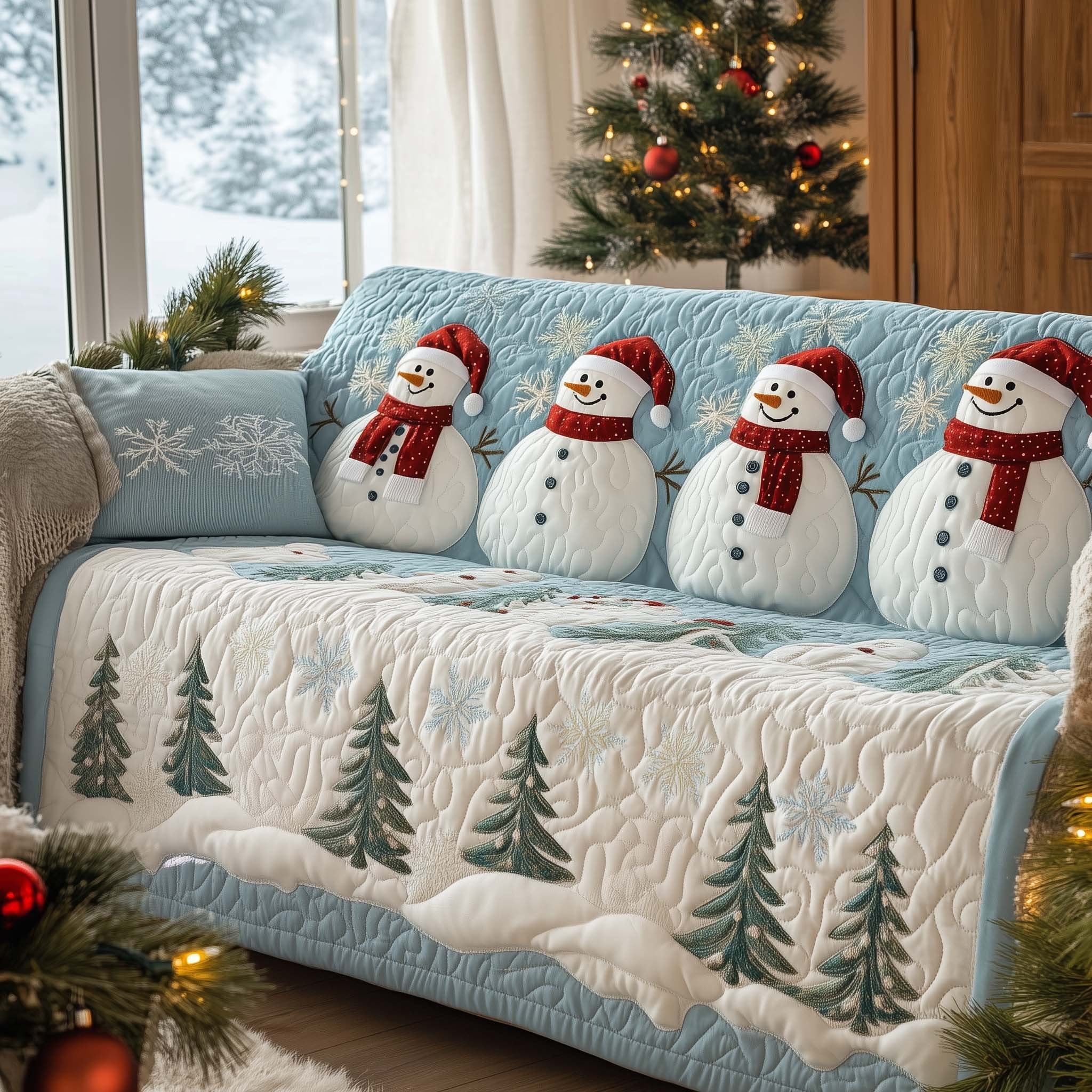 Snowmen on Powder Blue Pines Sofa Cover