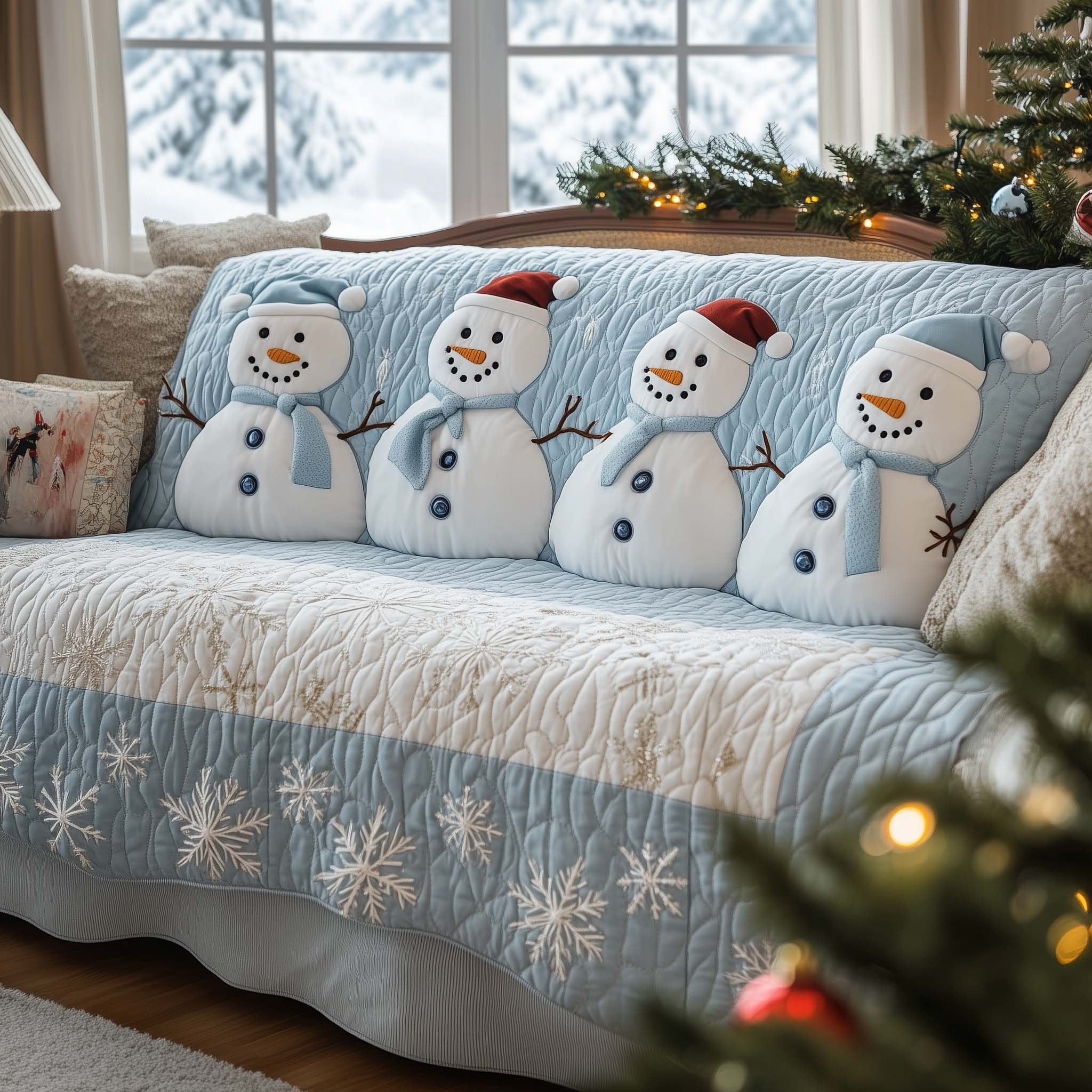 Snowmen in Red Caps on Ice Blue Sofa Cover