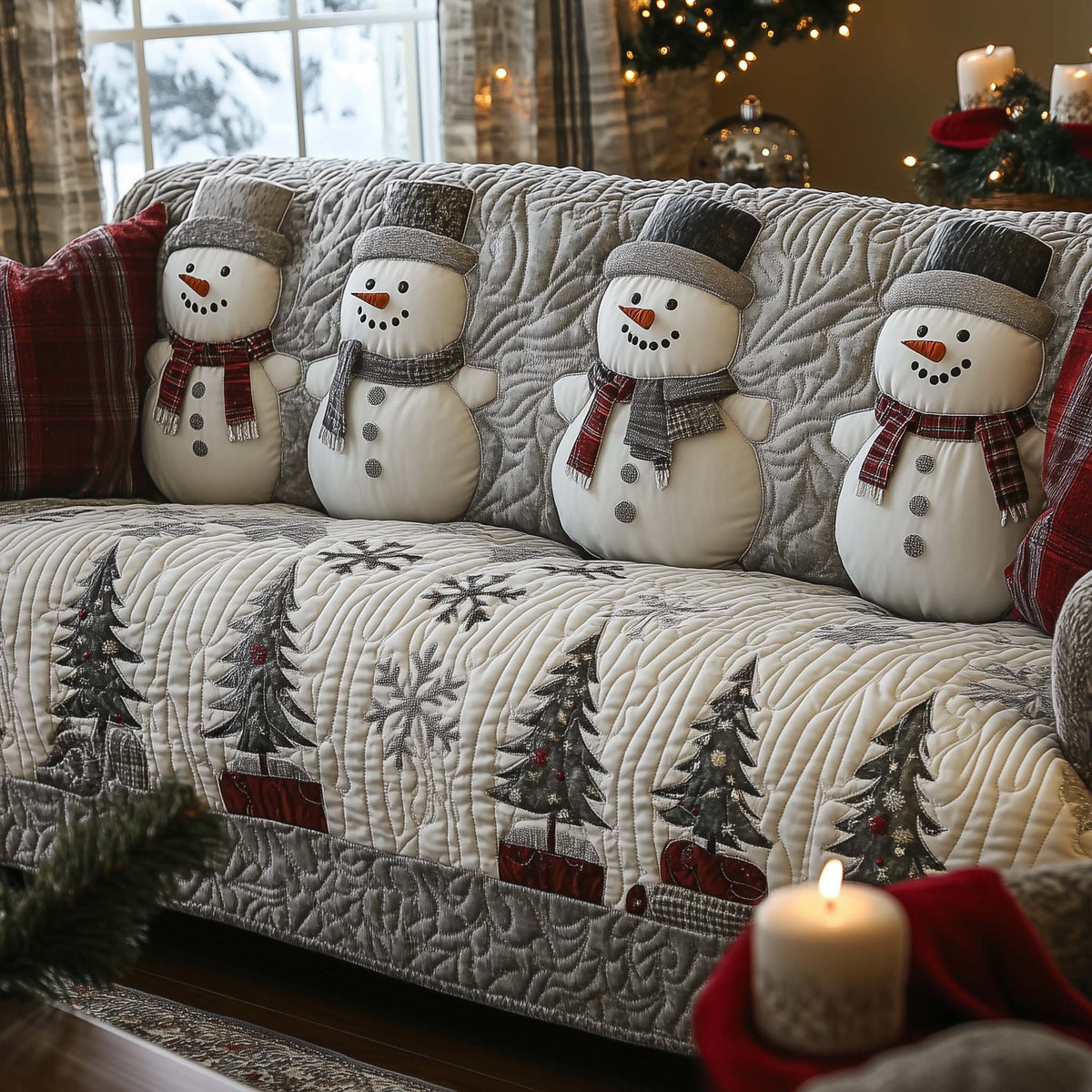 Snowmen on Frosted White Pines Sofa Cover