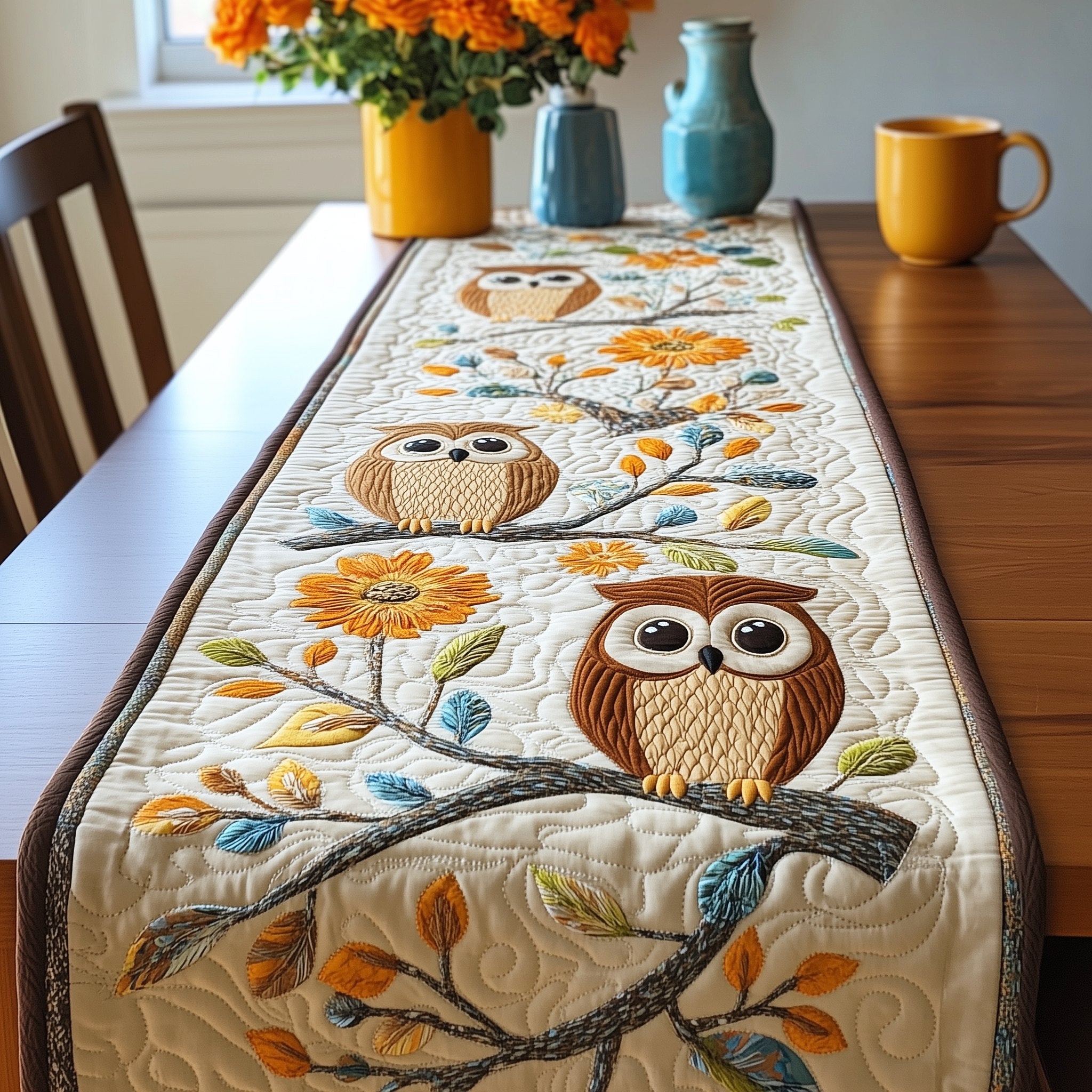 Owl Pair with Orange Blooms Table Runner