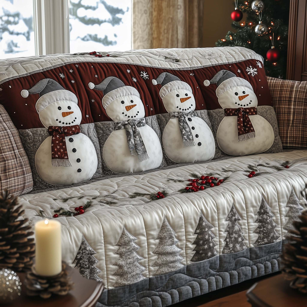 Snowmen on Silver Grey Pines Sofa Cover