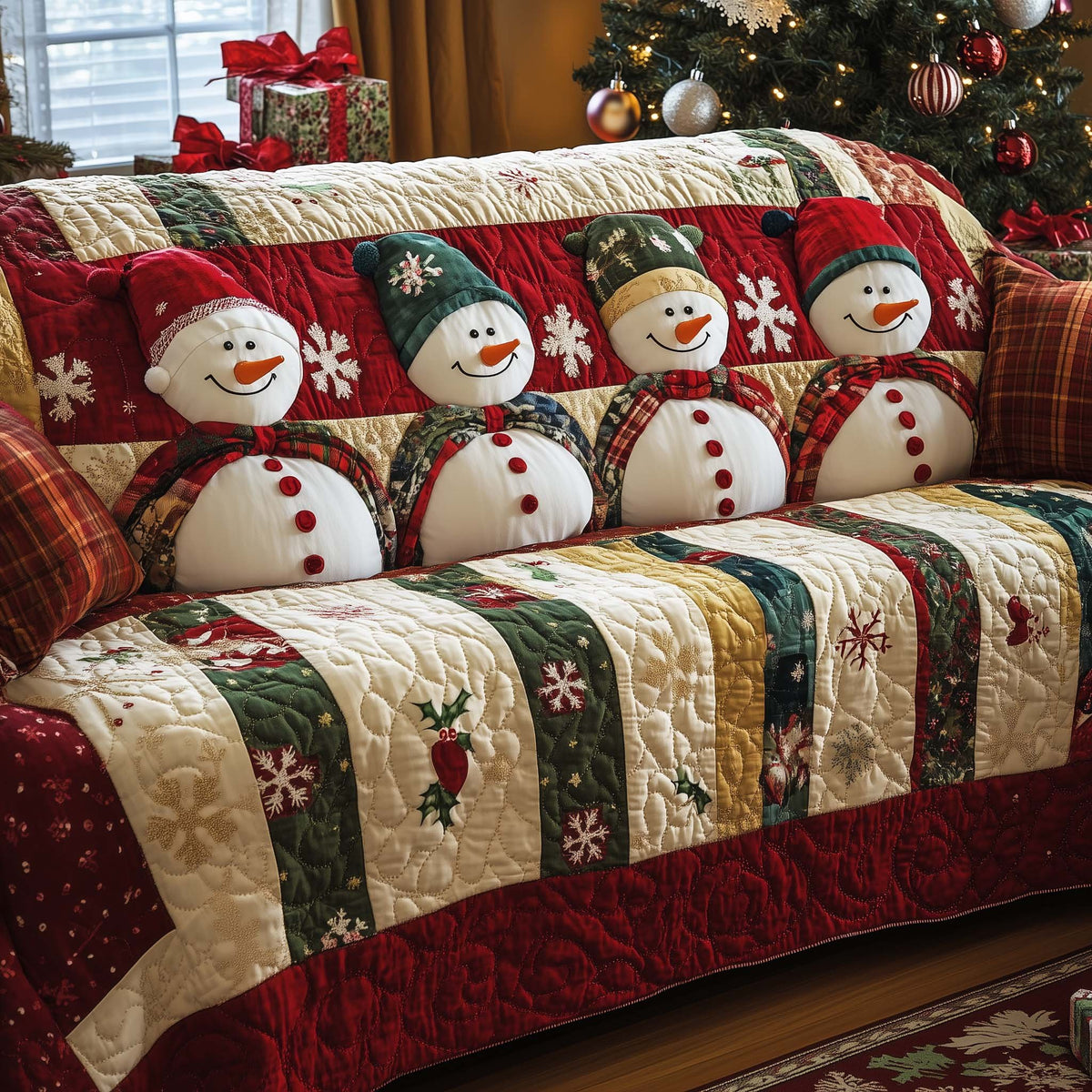 Snowmen on Red and Green Stripes Sofa Cover