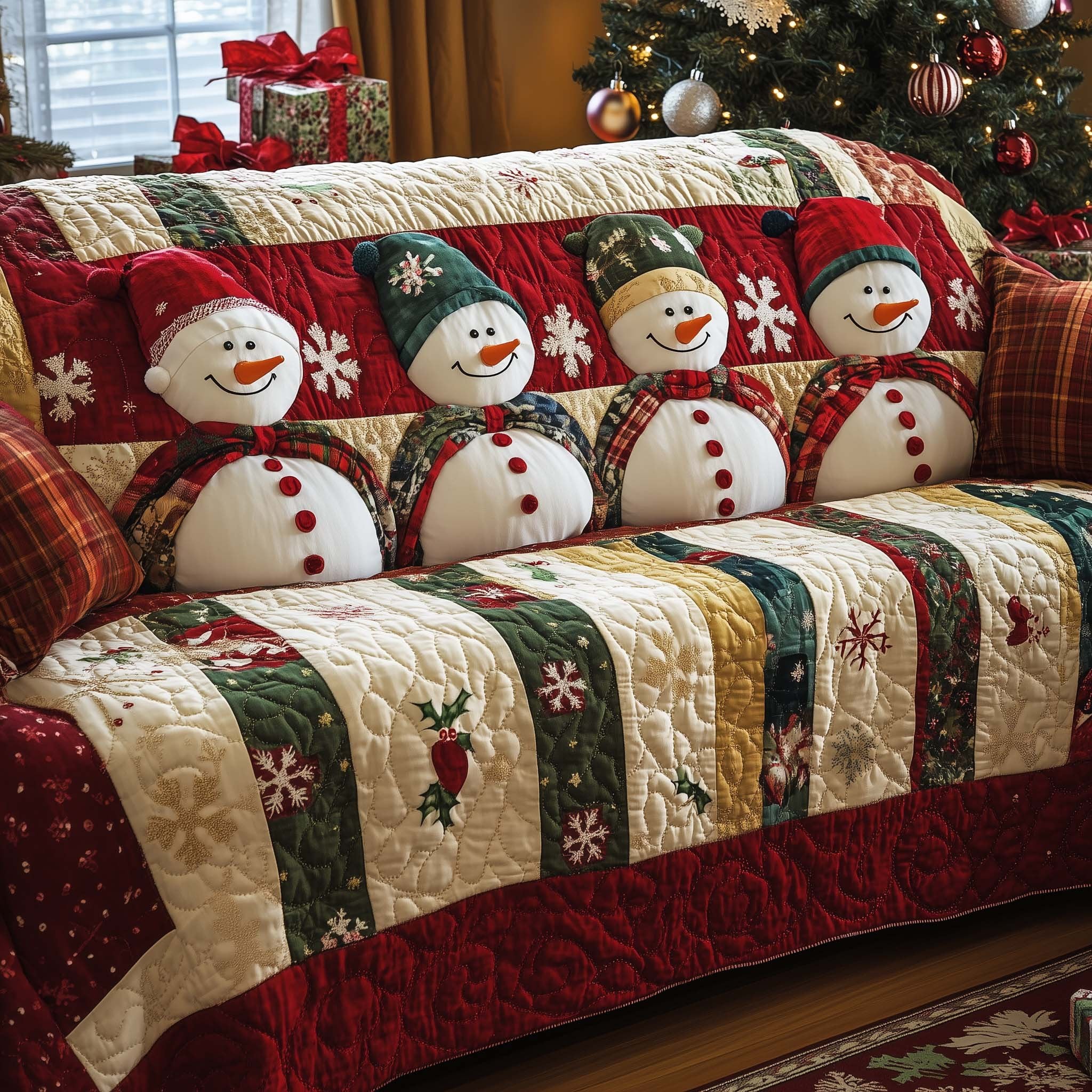 Snowmen on Red and Green Stripes Sofa Cover